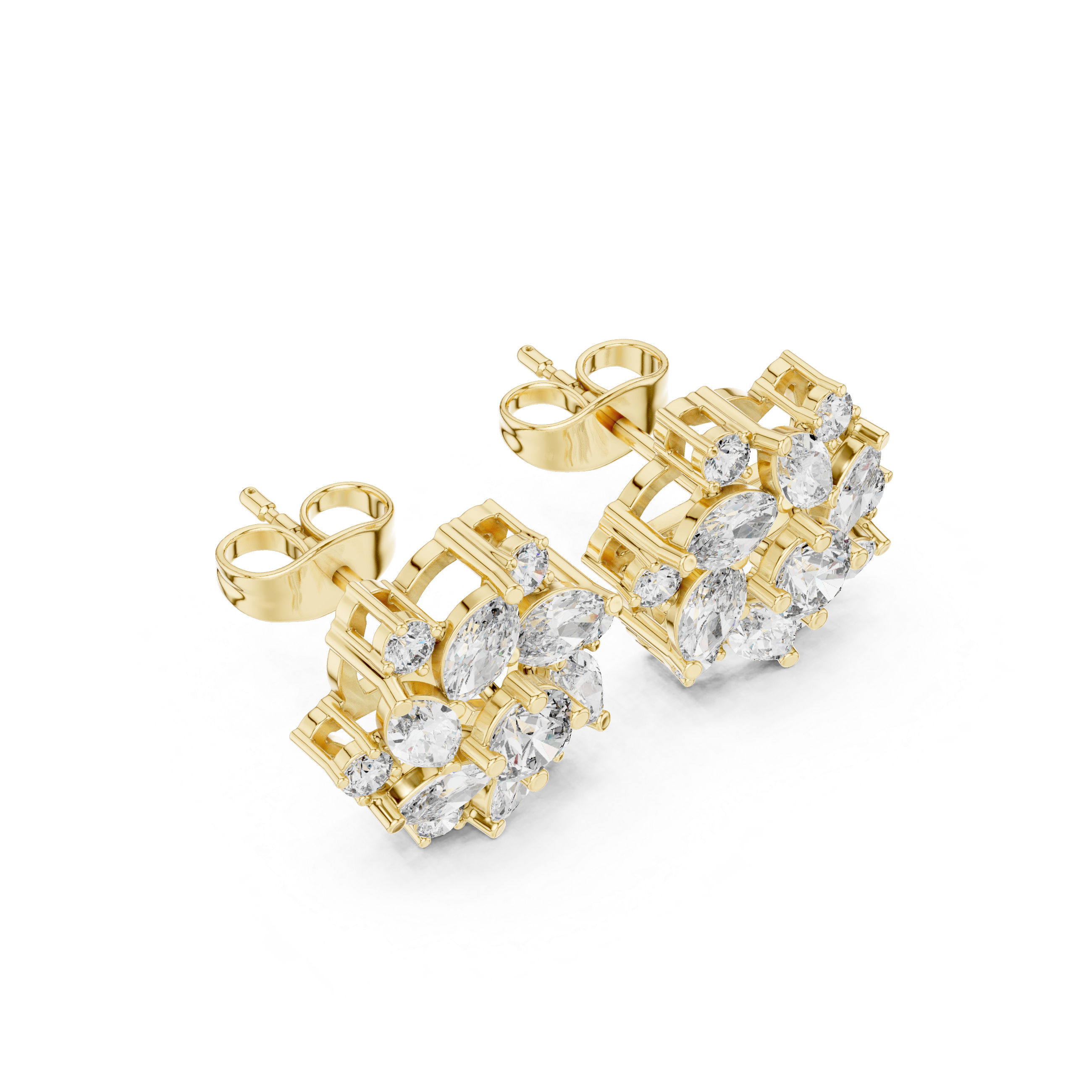 Brilliant marquise and round diamond floral stud earrings shine detail