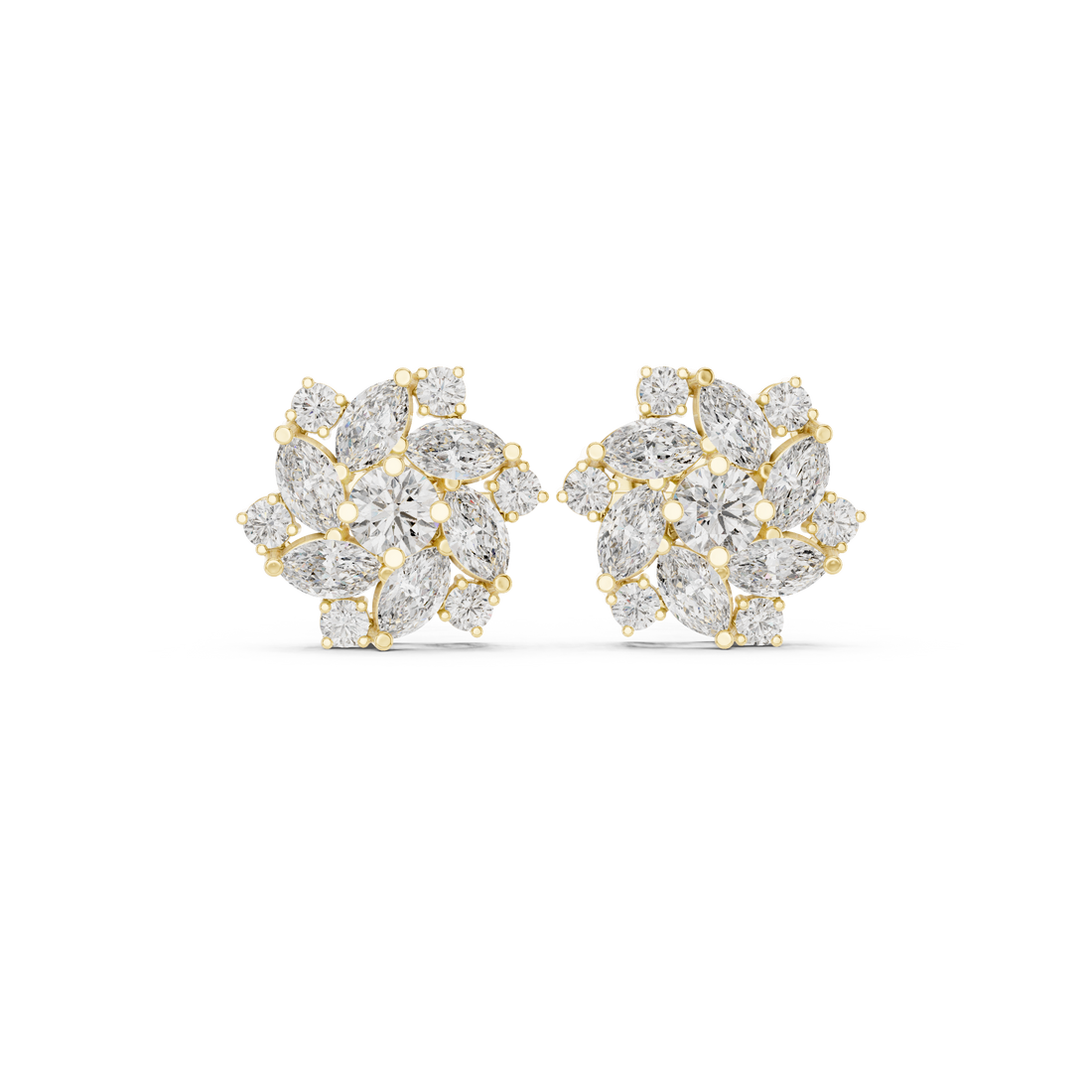 High shine marquise and round diamond floral cluster stud earrings