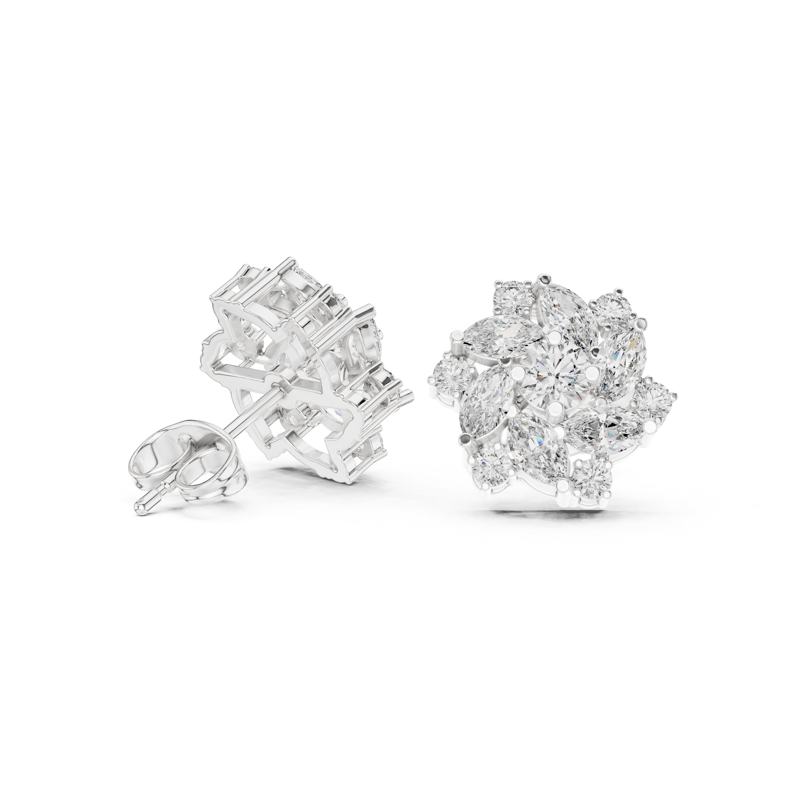 Close-up of marquise and round diamond floral cluster stud earrings detail