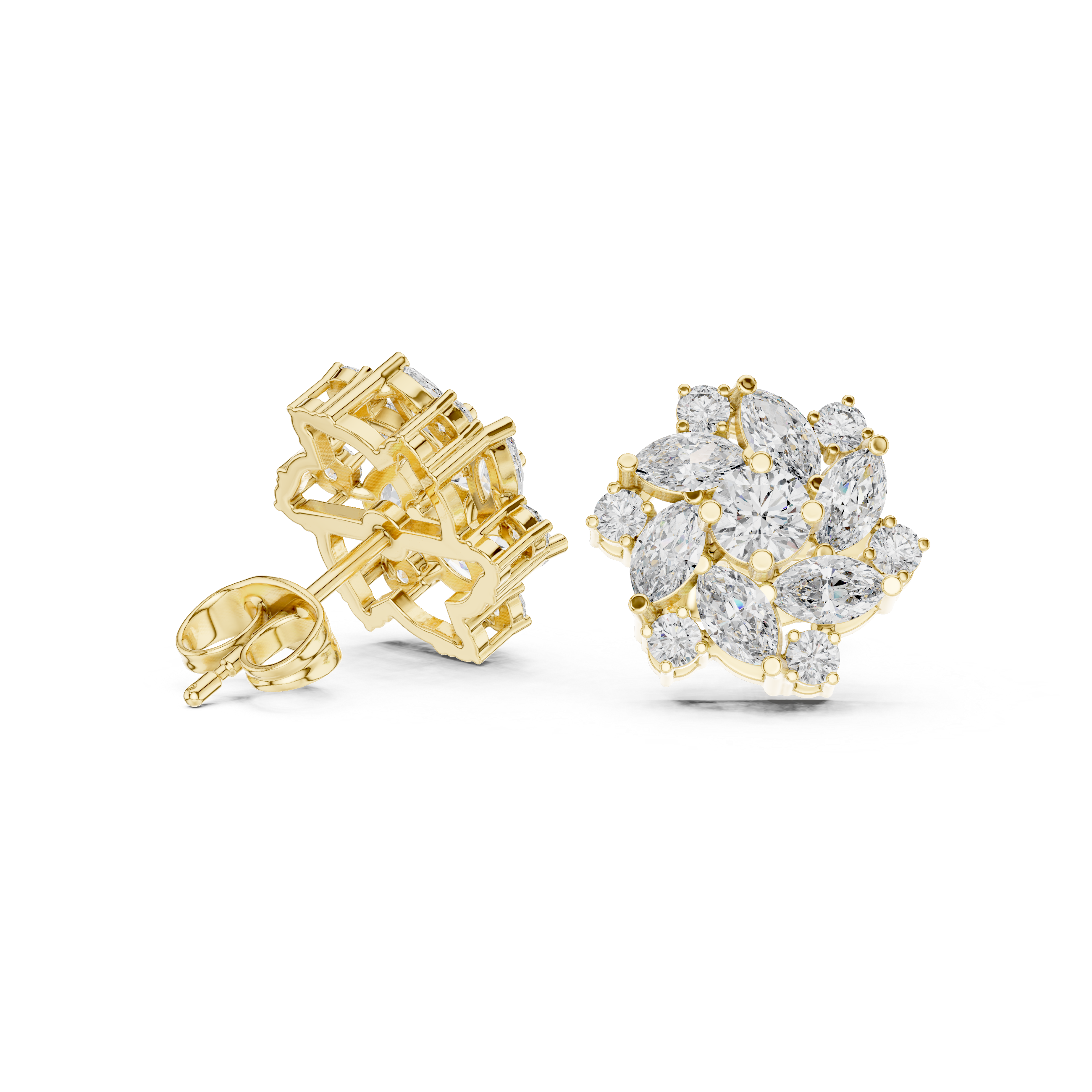 Premium marquise and round diamond floral cluster stud earrings modern design