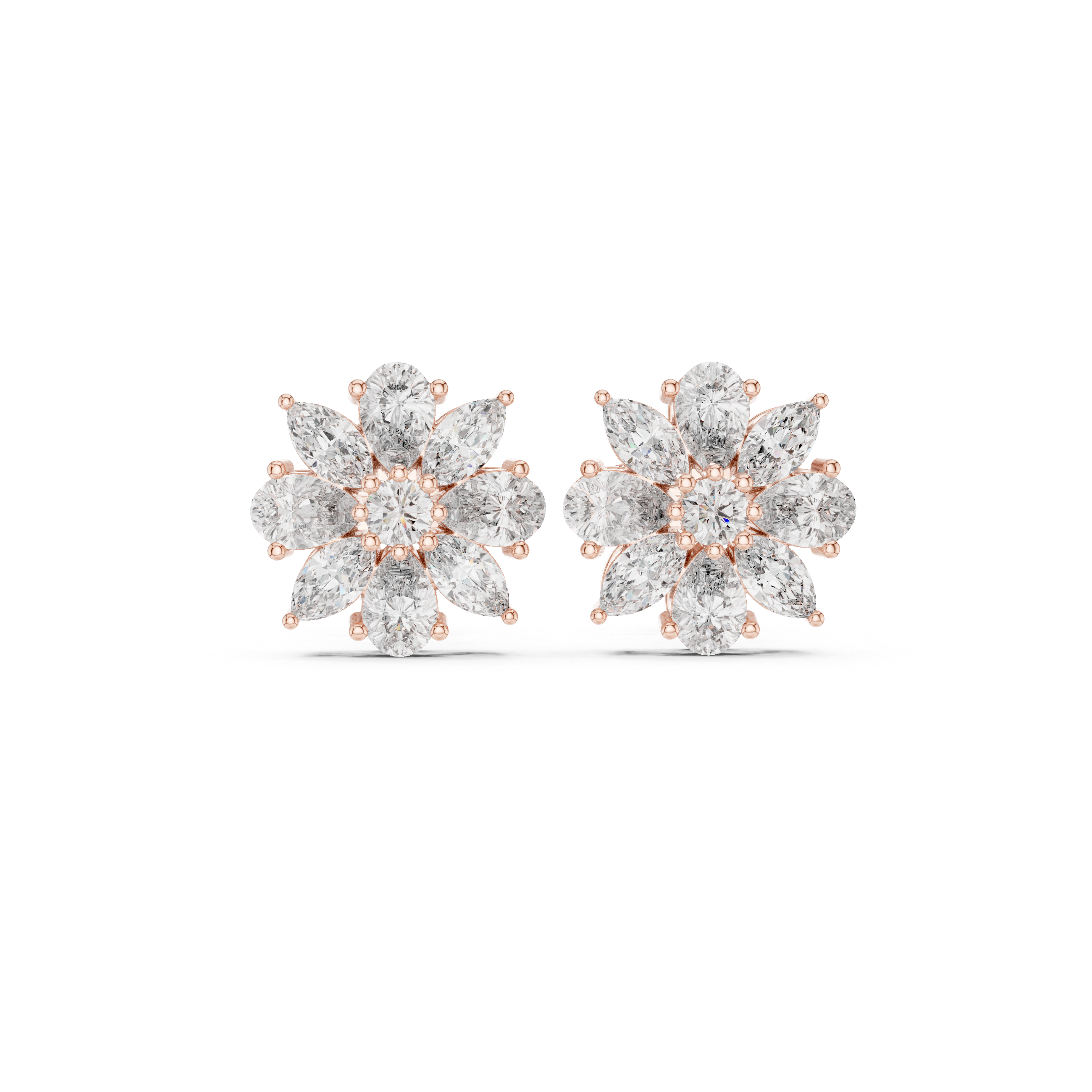 Pear and marquise diamond floral cluster stud earrings