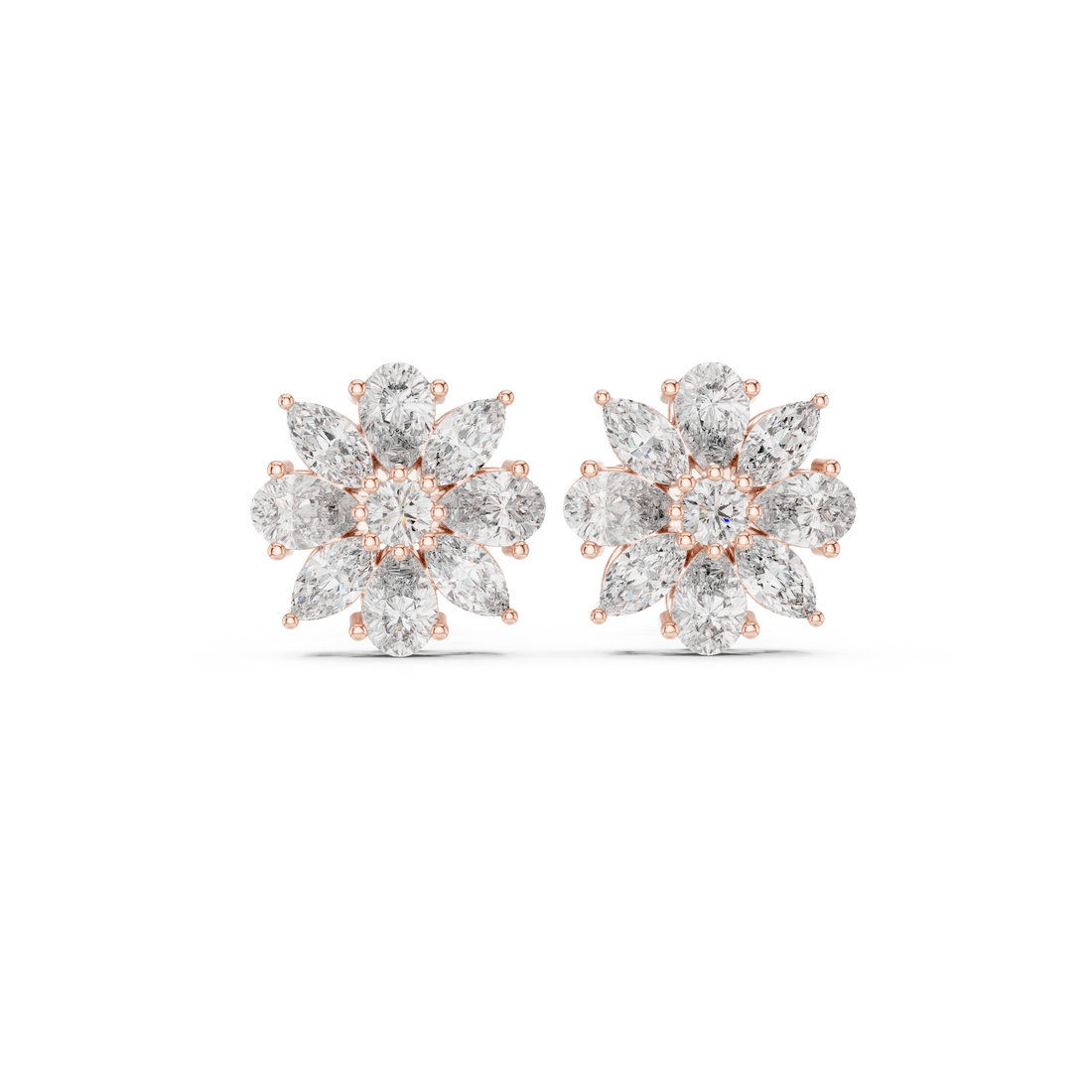 Pear and marquise diamond floral cluster stud earrings