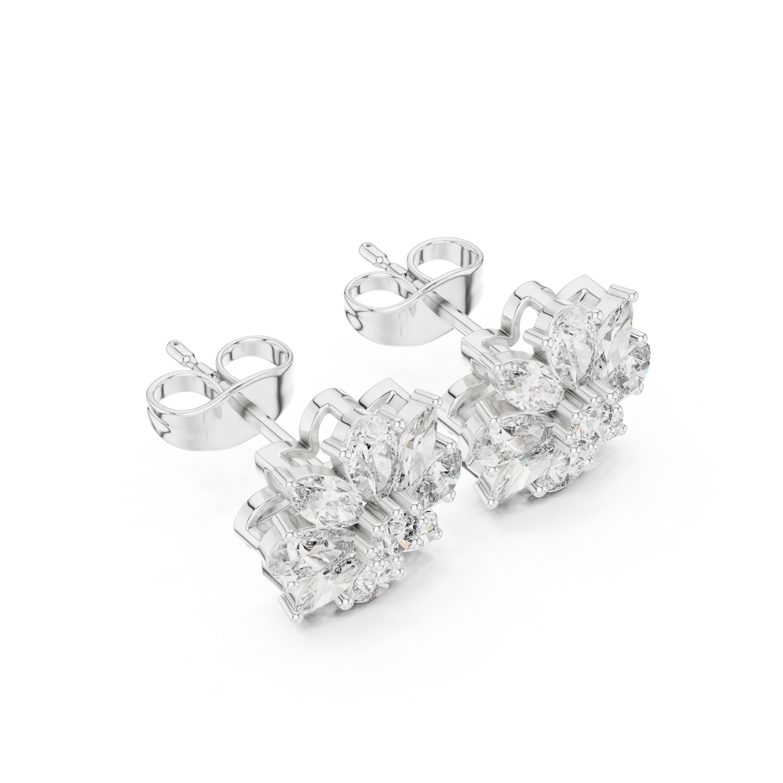 Sparkling pear and marquise diamond floral stud earrings close-up