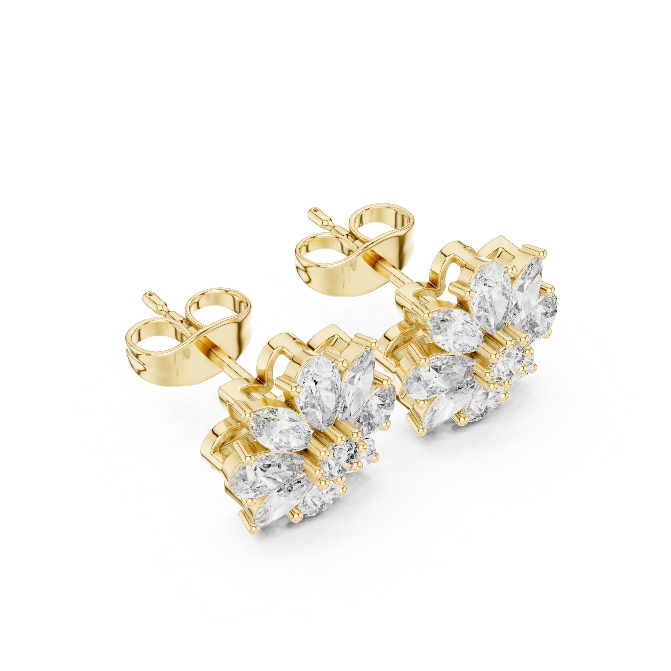 Brilliant pear and marquise diamond floral stud earrings shine detail