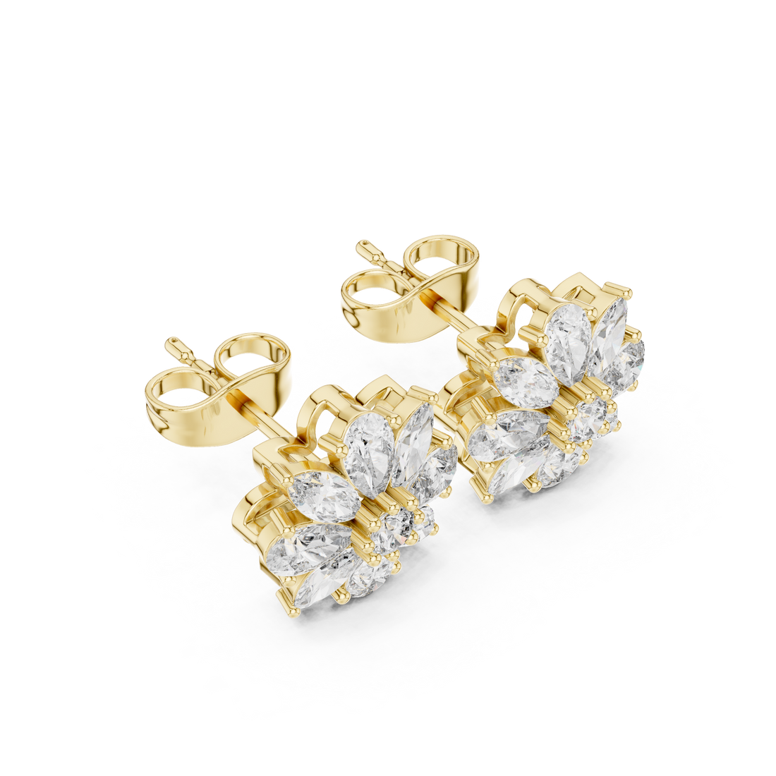 Brilliant pear and marquise diamond floral stud earrings shine detail