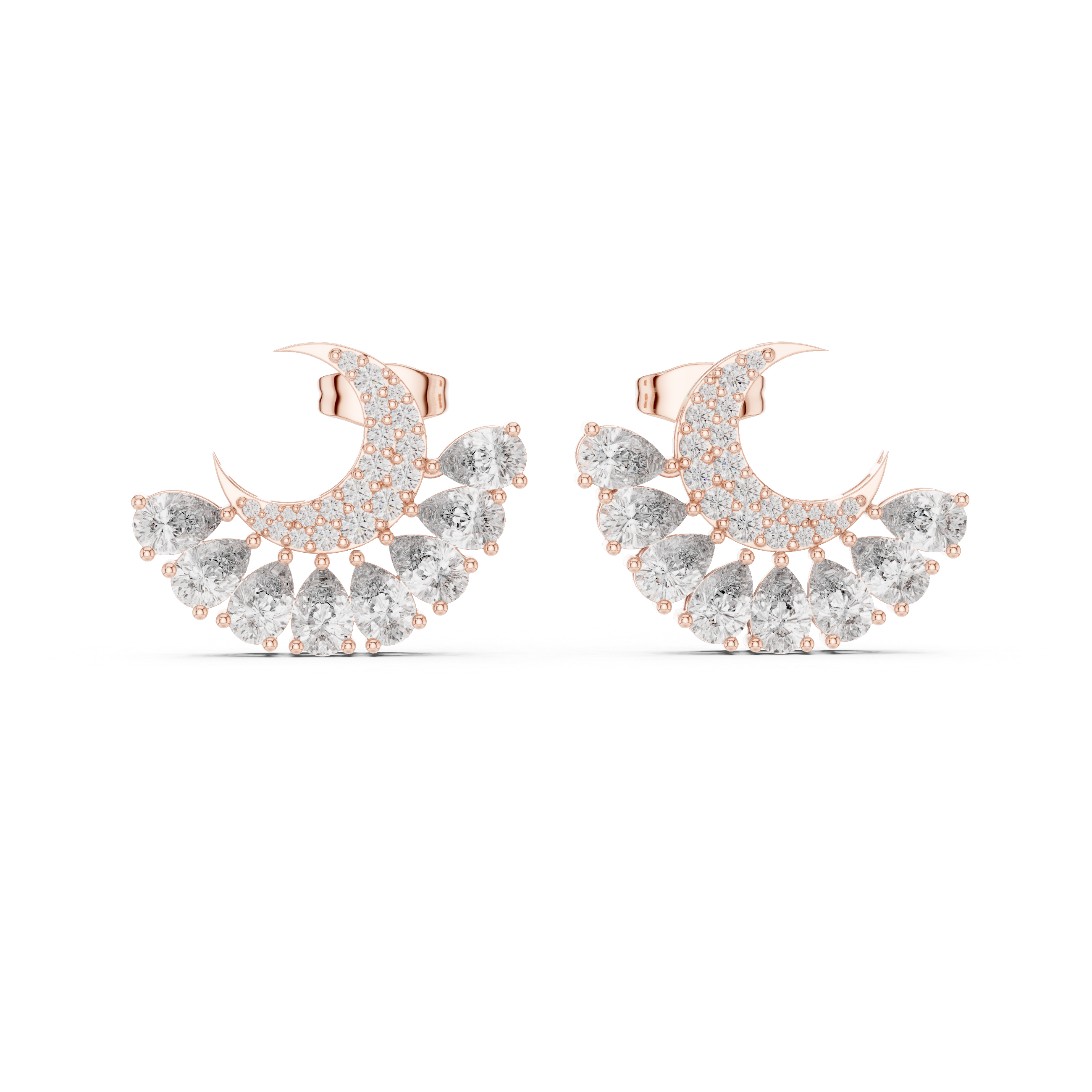 Crescent moon diamond stud earrings with pear drop cluster