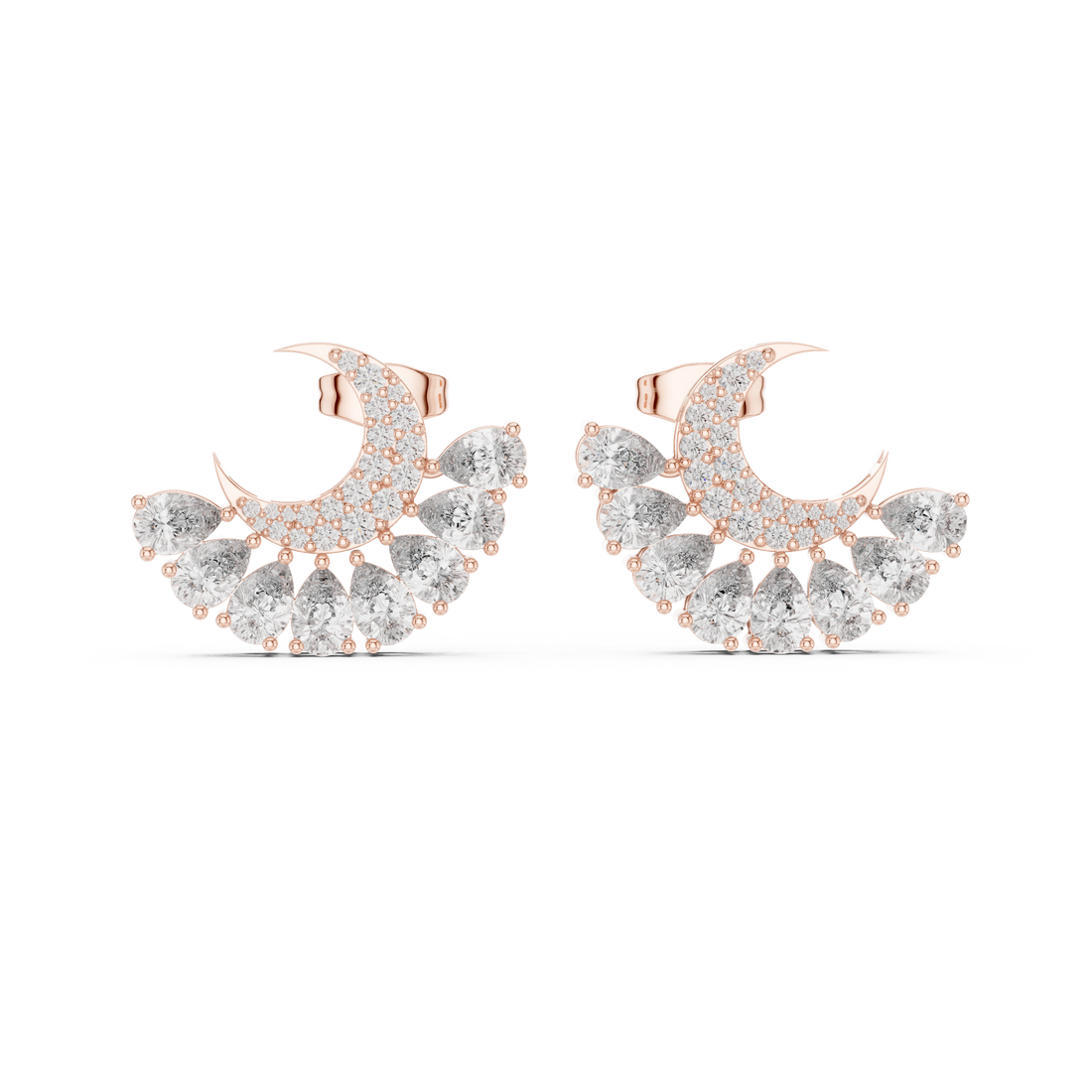 Crescent moon diamond stud earrings with pear drop cluster