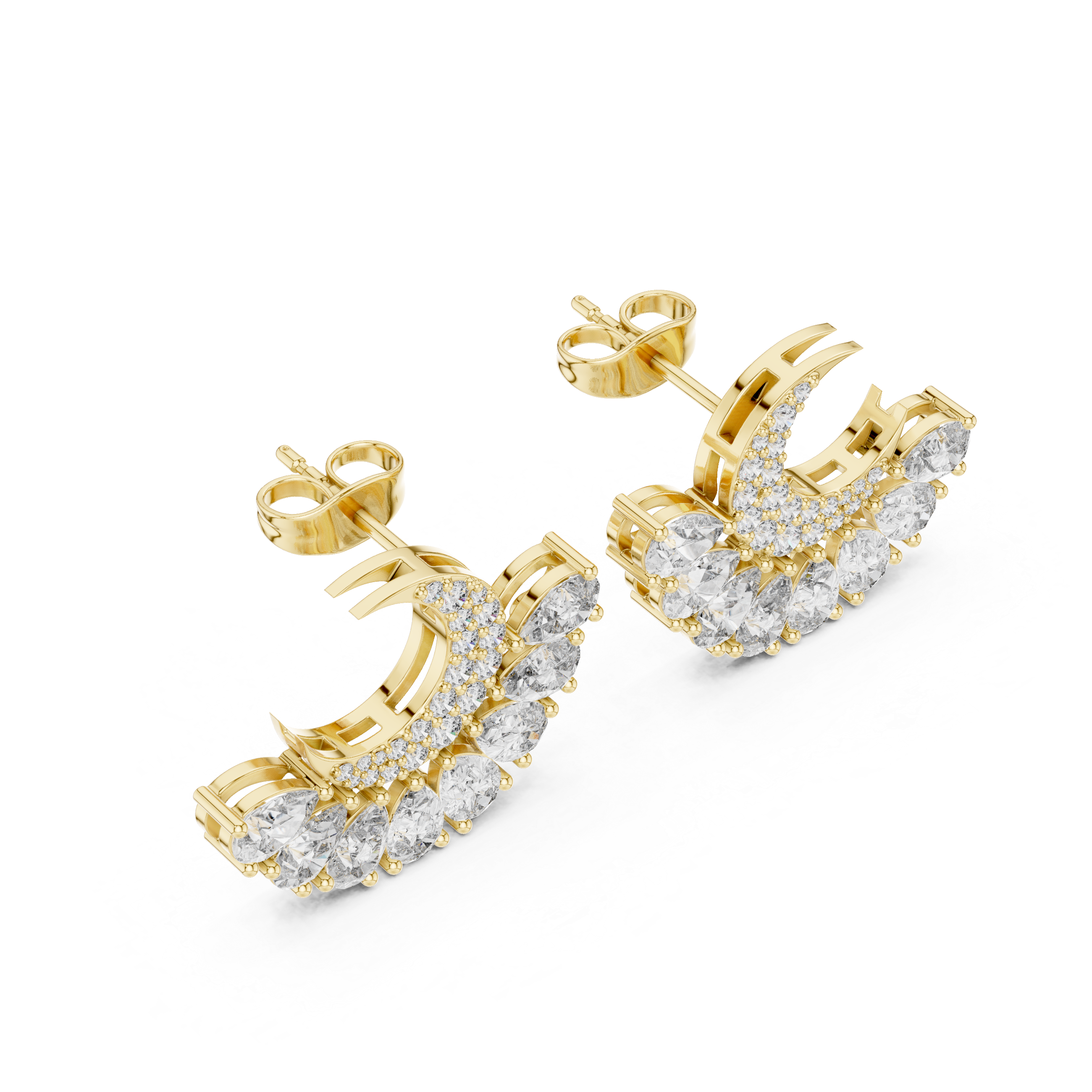 Brilliant crescent moon diamond stud earrings shine detail pear cluster