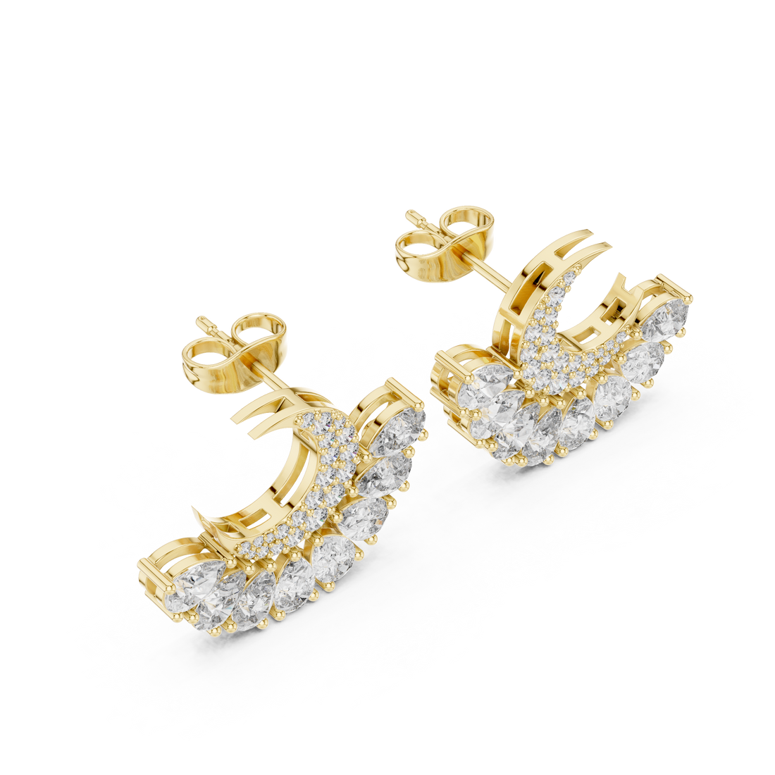 Brilliant crescent moon diamond stud earrings shine detail pear cluster