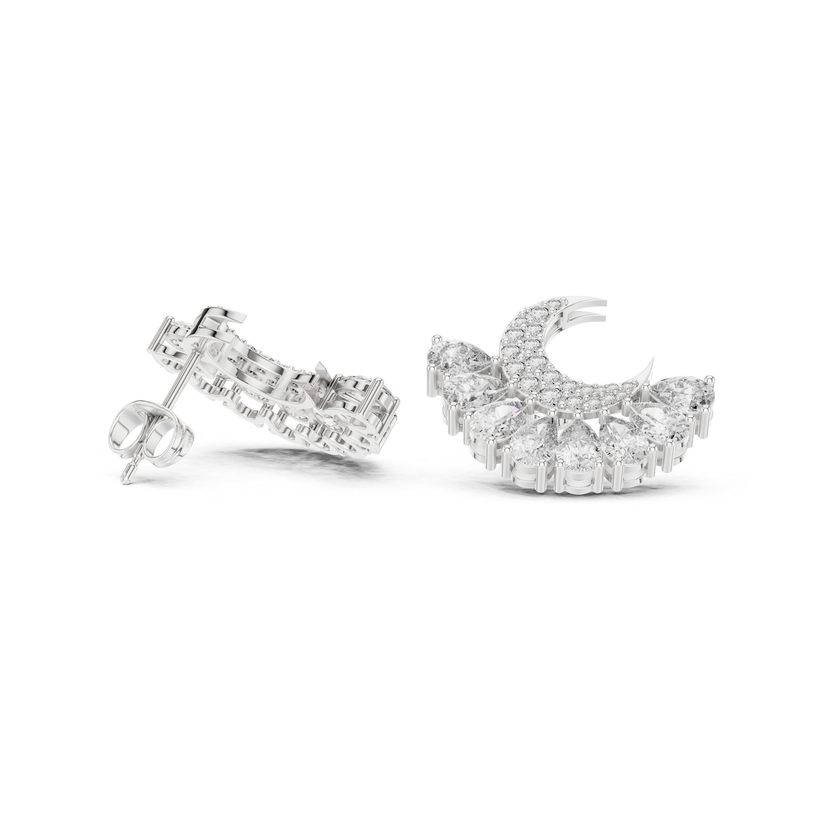 Close-up of crescent moon diamond stud earrings pear cluster detail