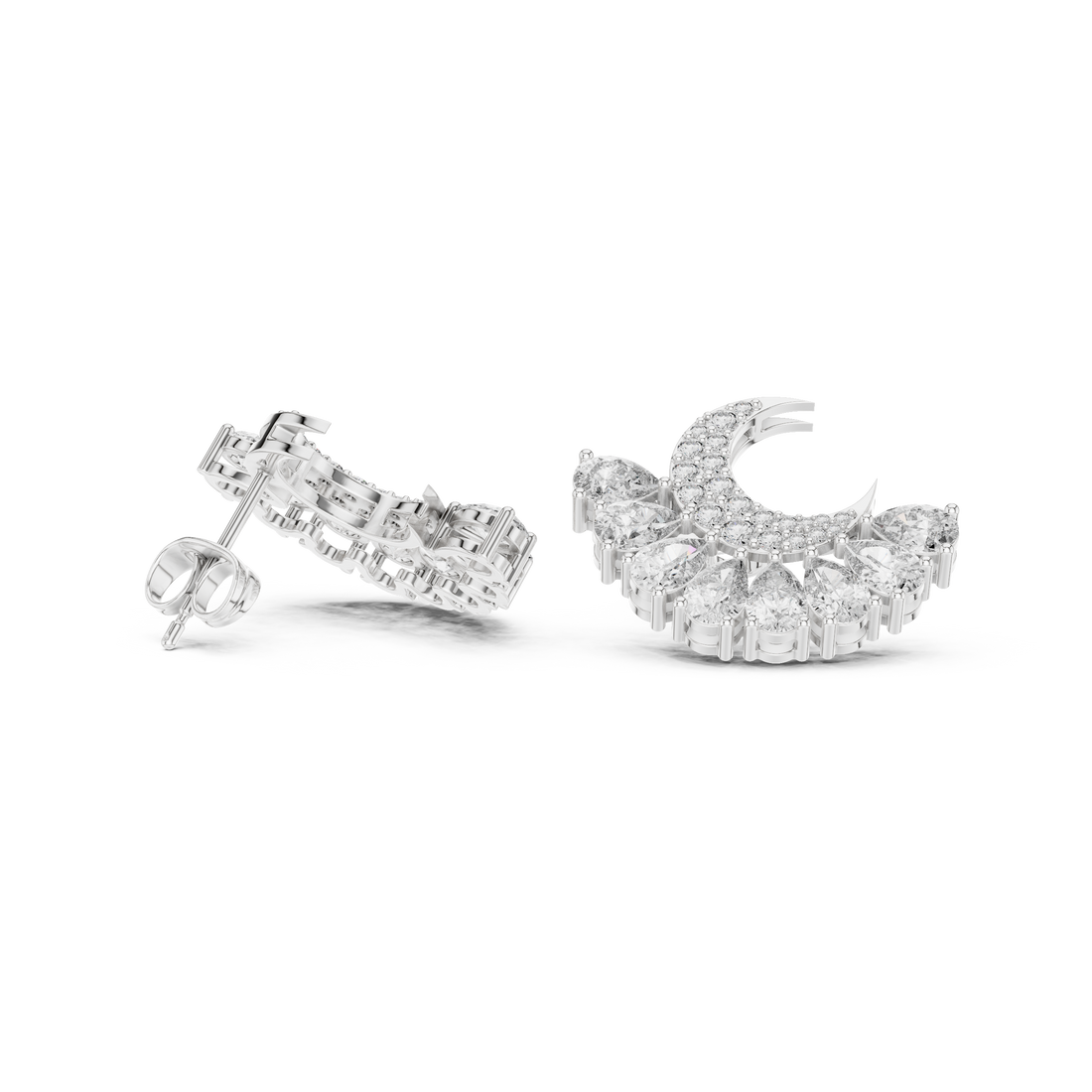Close-up of crescent moon diamond stud earrings pear cluster detail