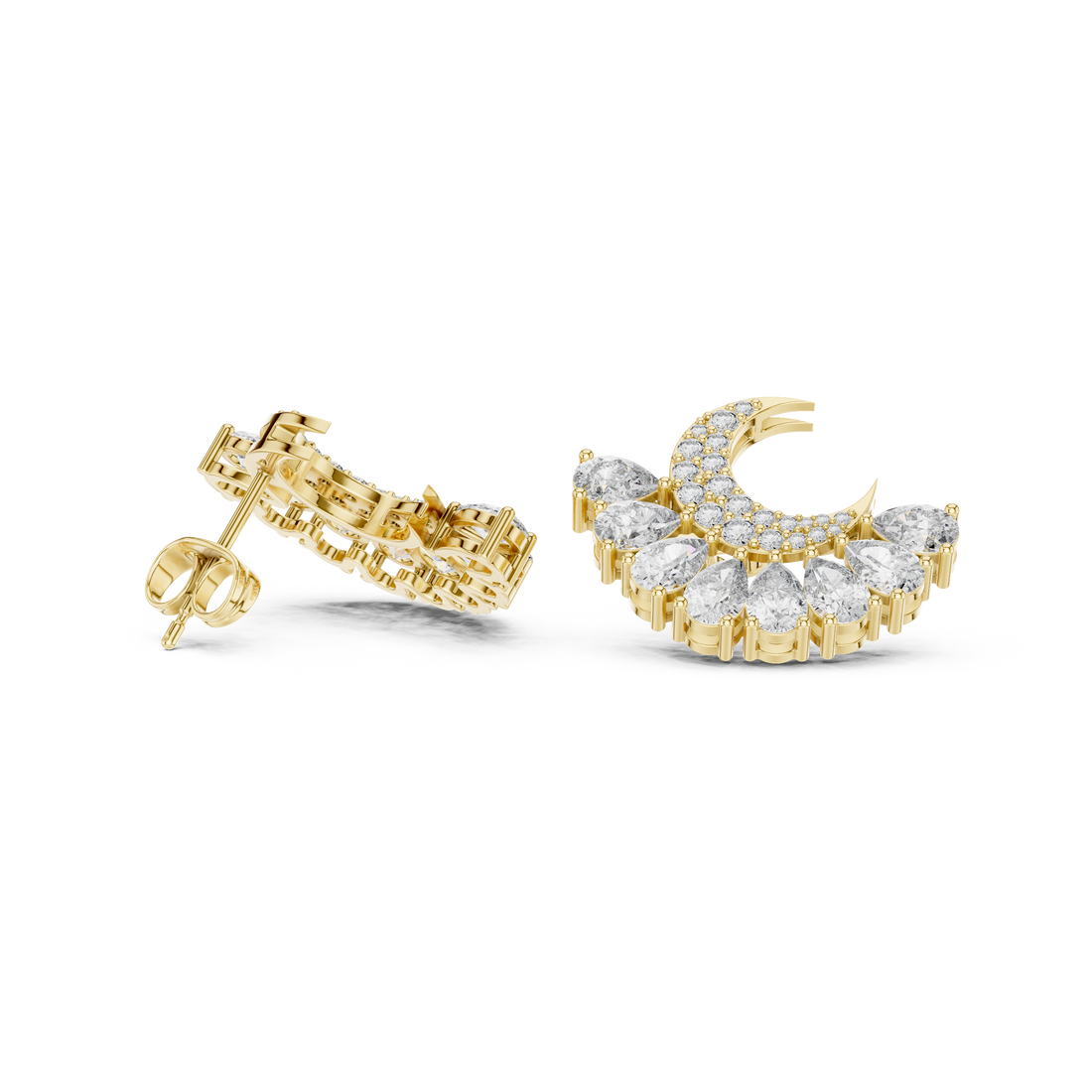 Premium crescent moon diamond stud earrings with pear drop cluster modern design