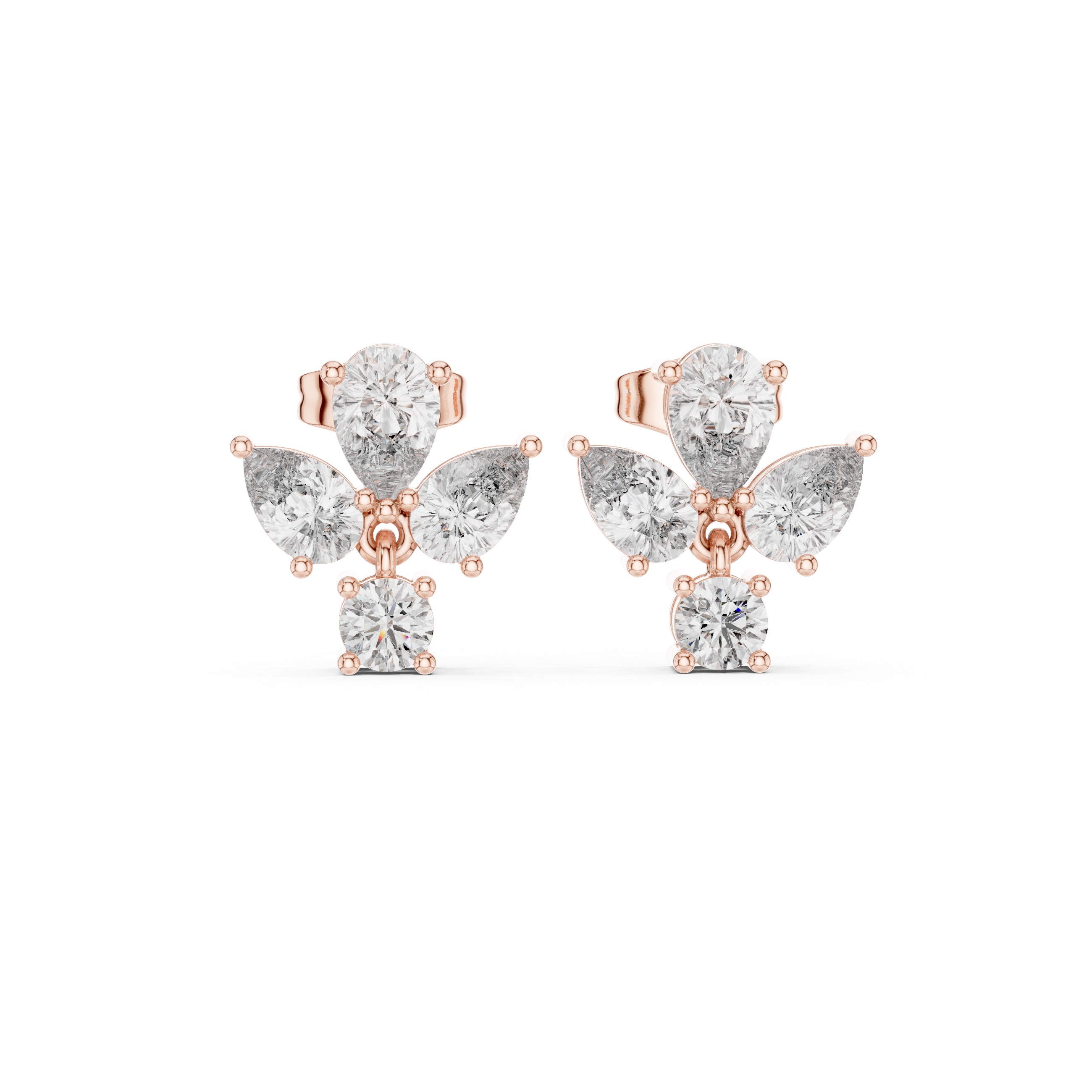 Pear and round diamond cluster drop stud earrings in white gold