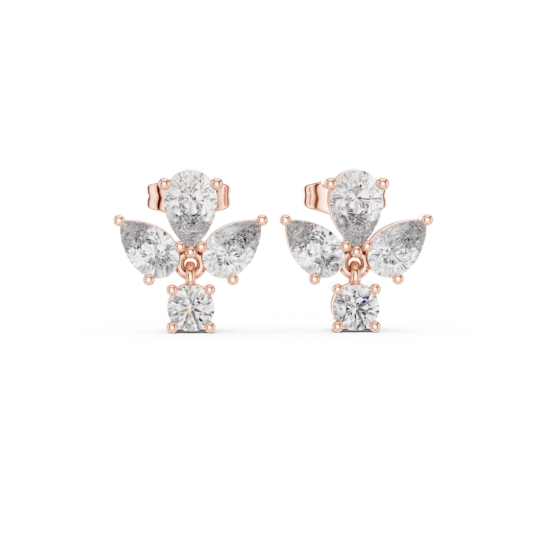 Pear and round diamond cluster drop stud earrings in white gold