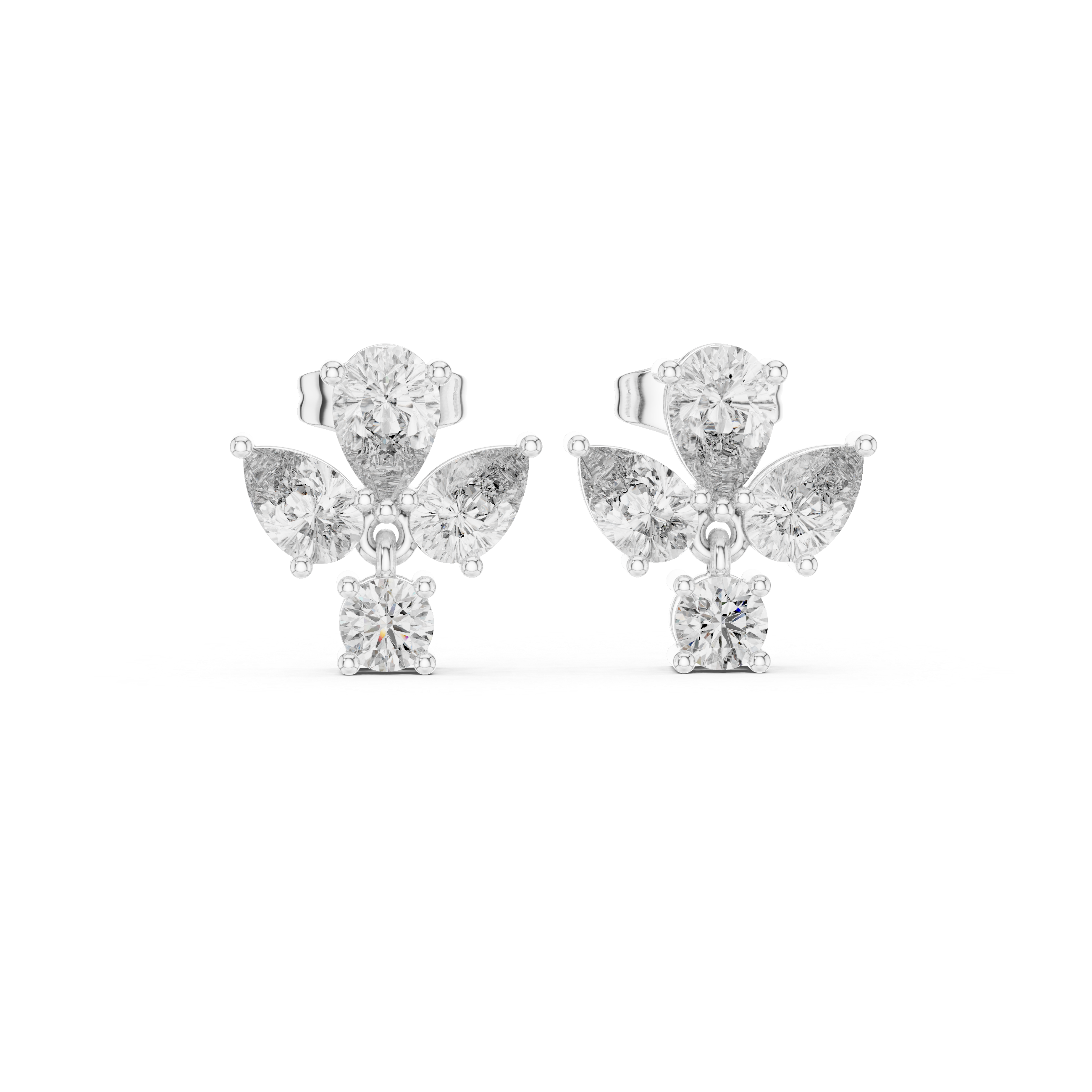 Fine jewelry pear and round diamond drop stud earrings product shot