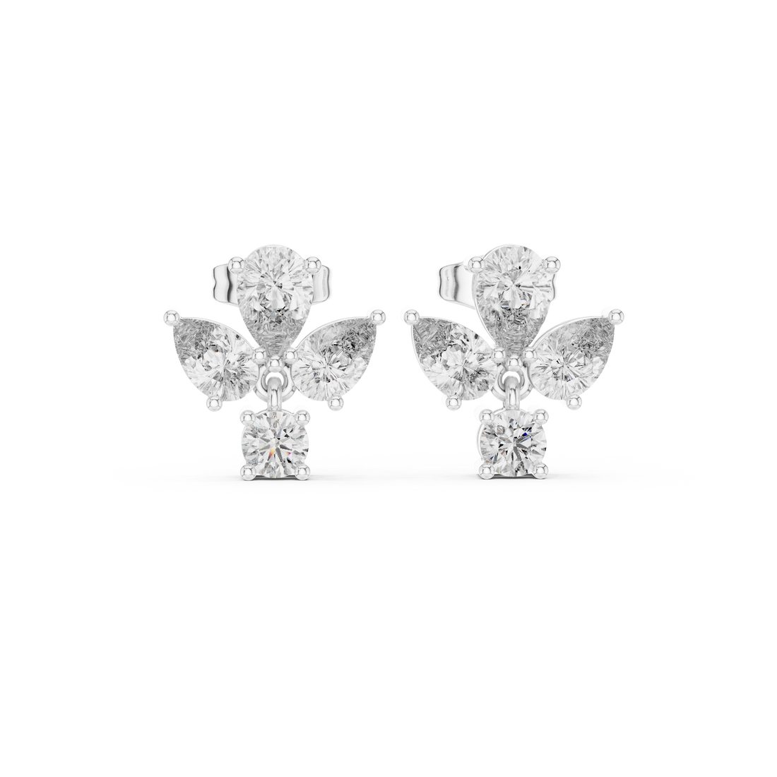 Fine jewelry pear and round diamond drop stud earrings product shot
