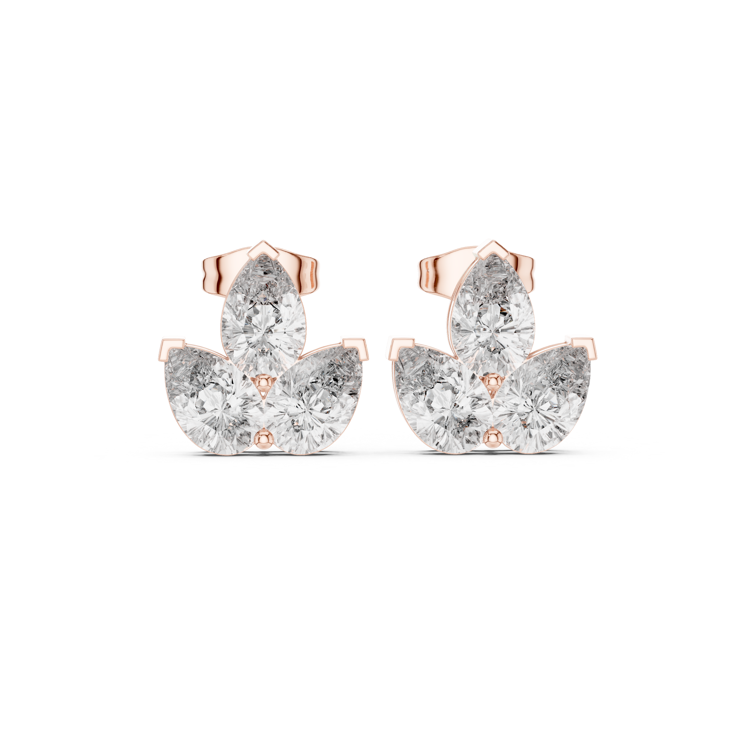 Pear cut diamond trio cluster stud earrings floral inspired design