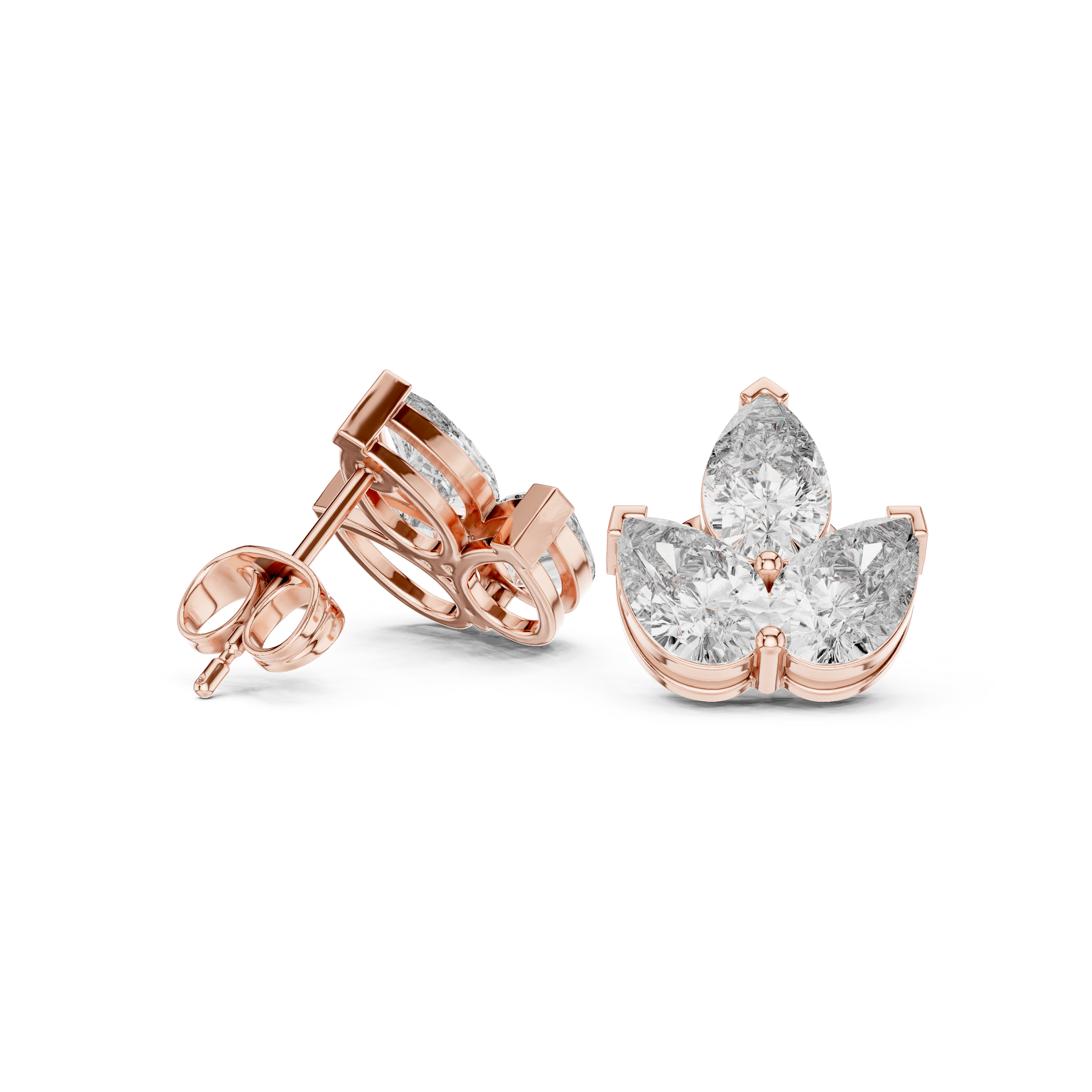 High shine pear cut diamond trio cluster stud earrings flower look