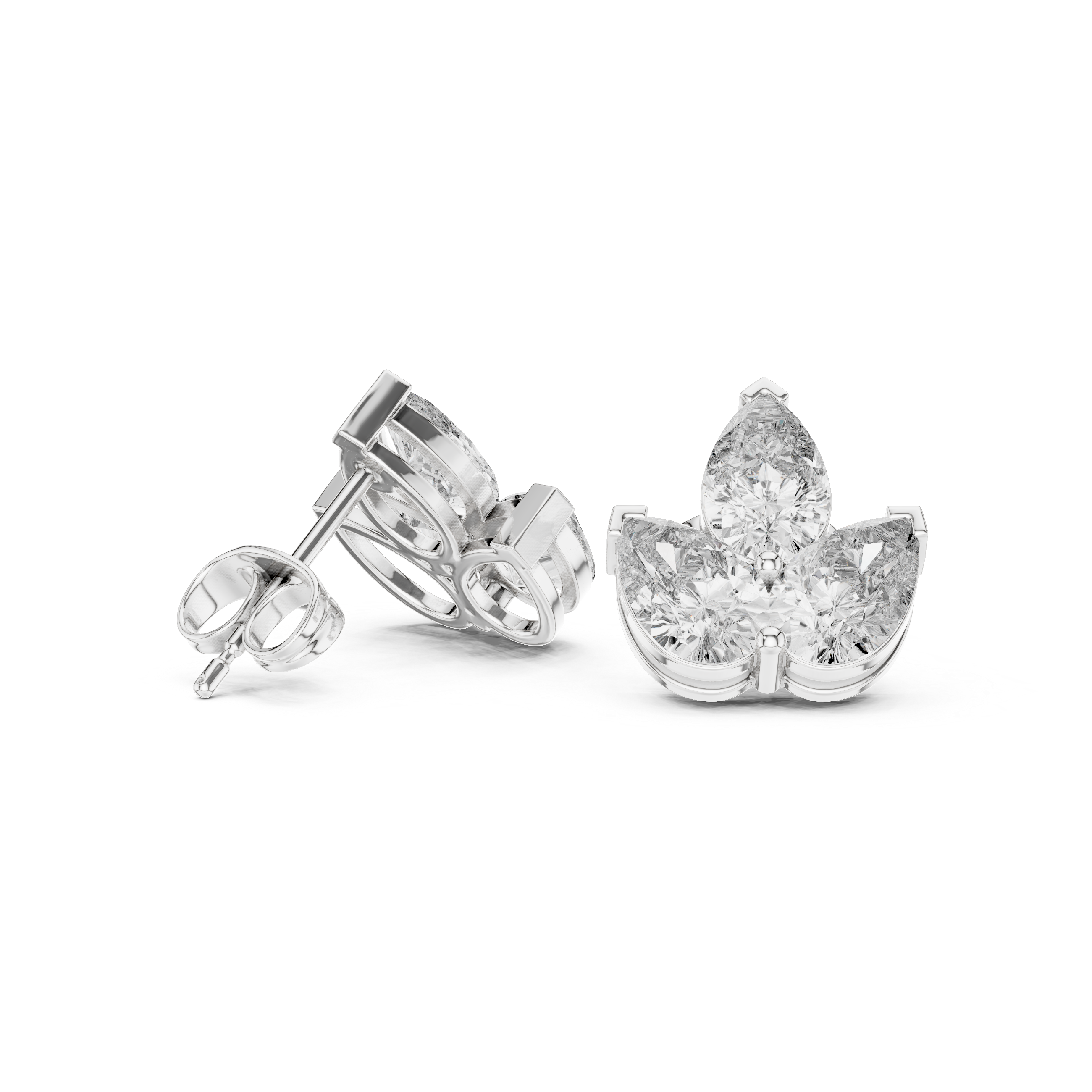 Timeless floral inspired pear cut diamond trio cluster stud earrings
