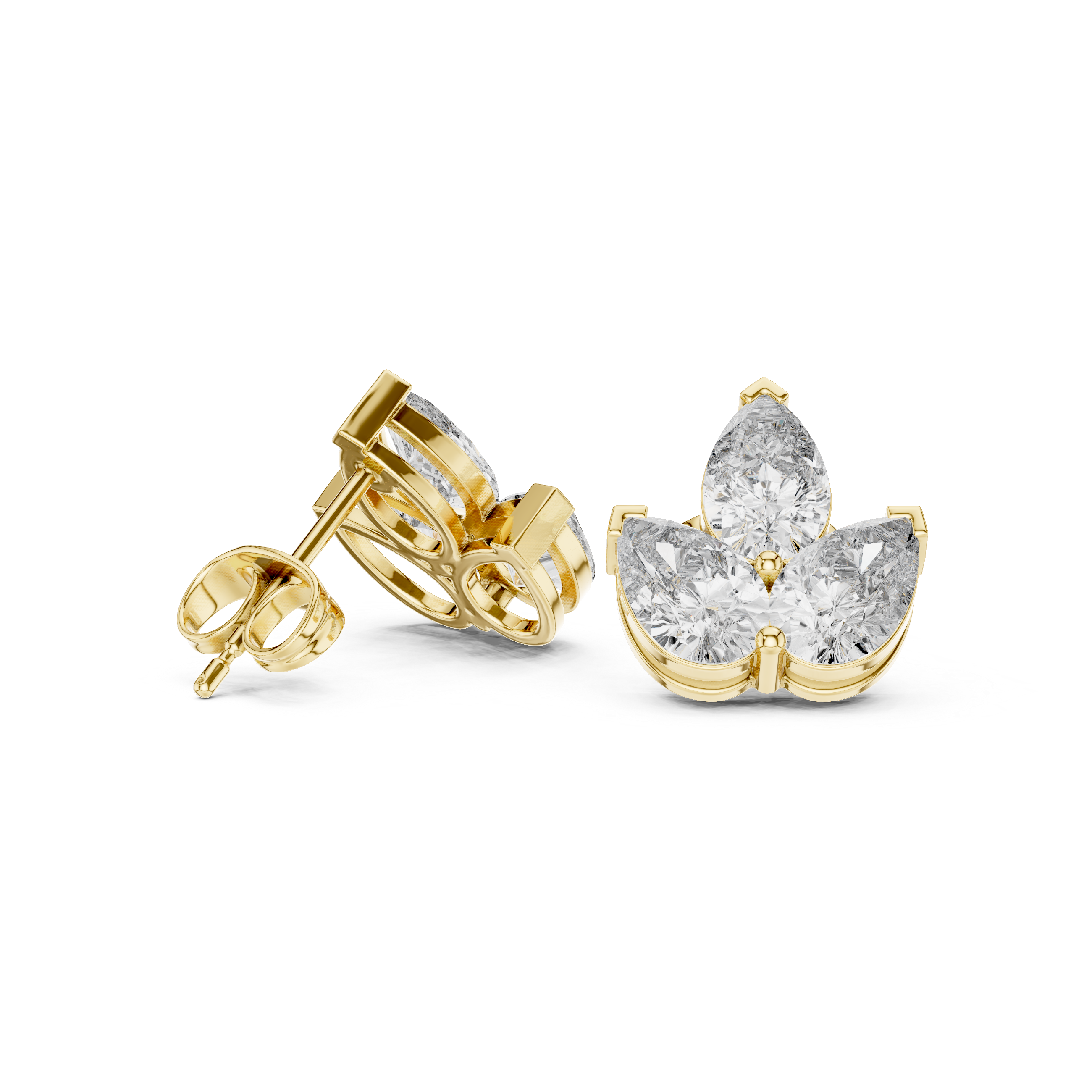 Close-up of pear cut diamond trio floral cluster stud earrings sparkle detail