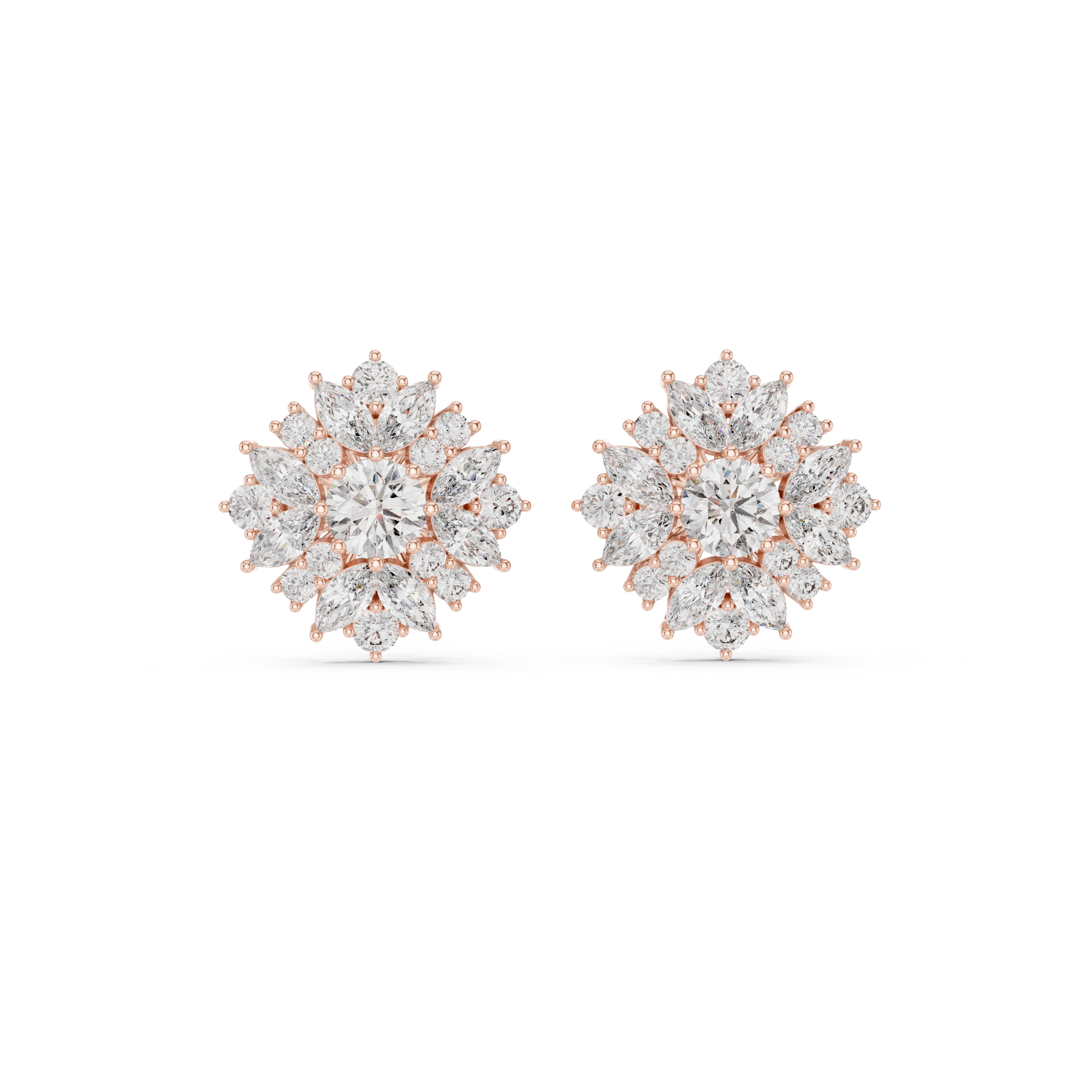 Round and marquise diamond halo floral cluster stud earrings