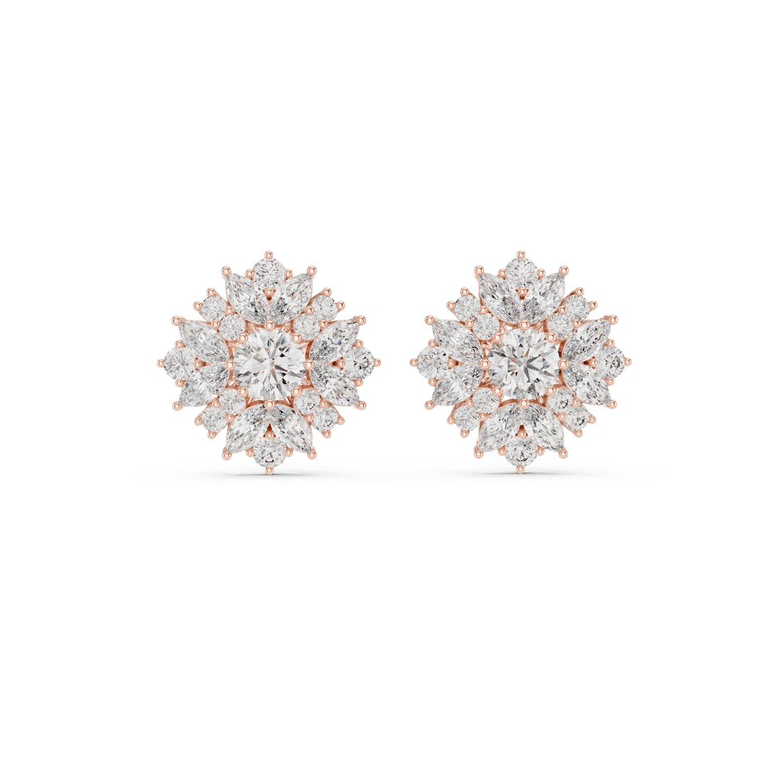 Round and marquise diamond halo floral cluster stud earrings