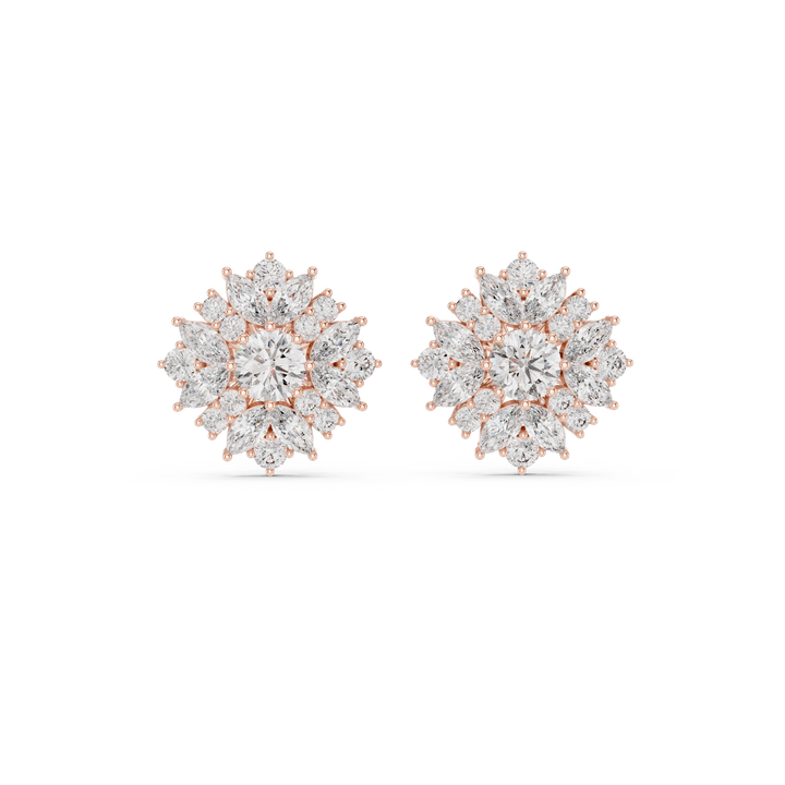 Round and marquise diamond halo floral cluster stud earrings
