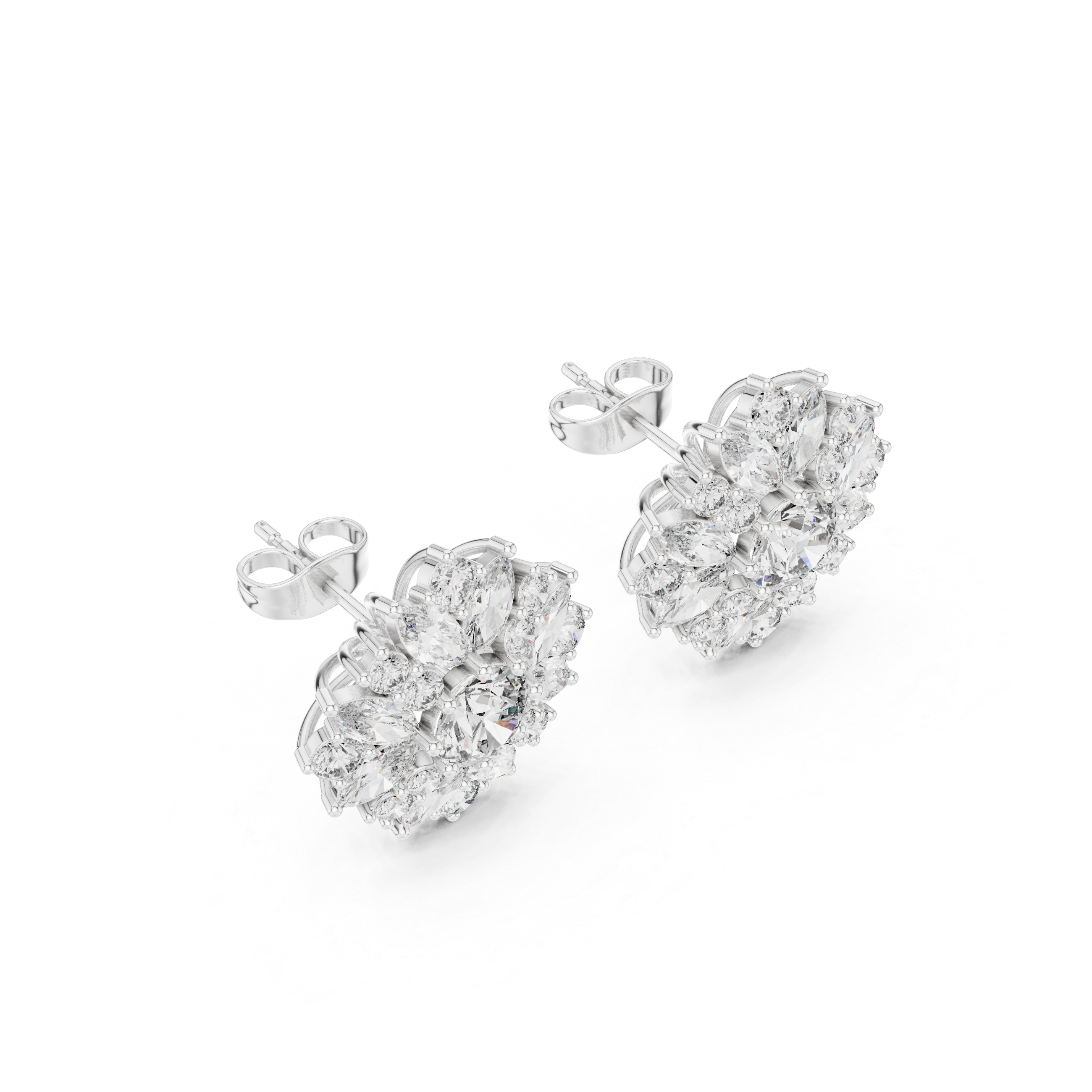 Sparkling round and marquise diamond floral cluster stud earrings