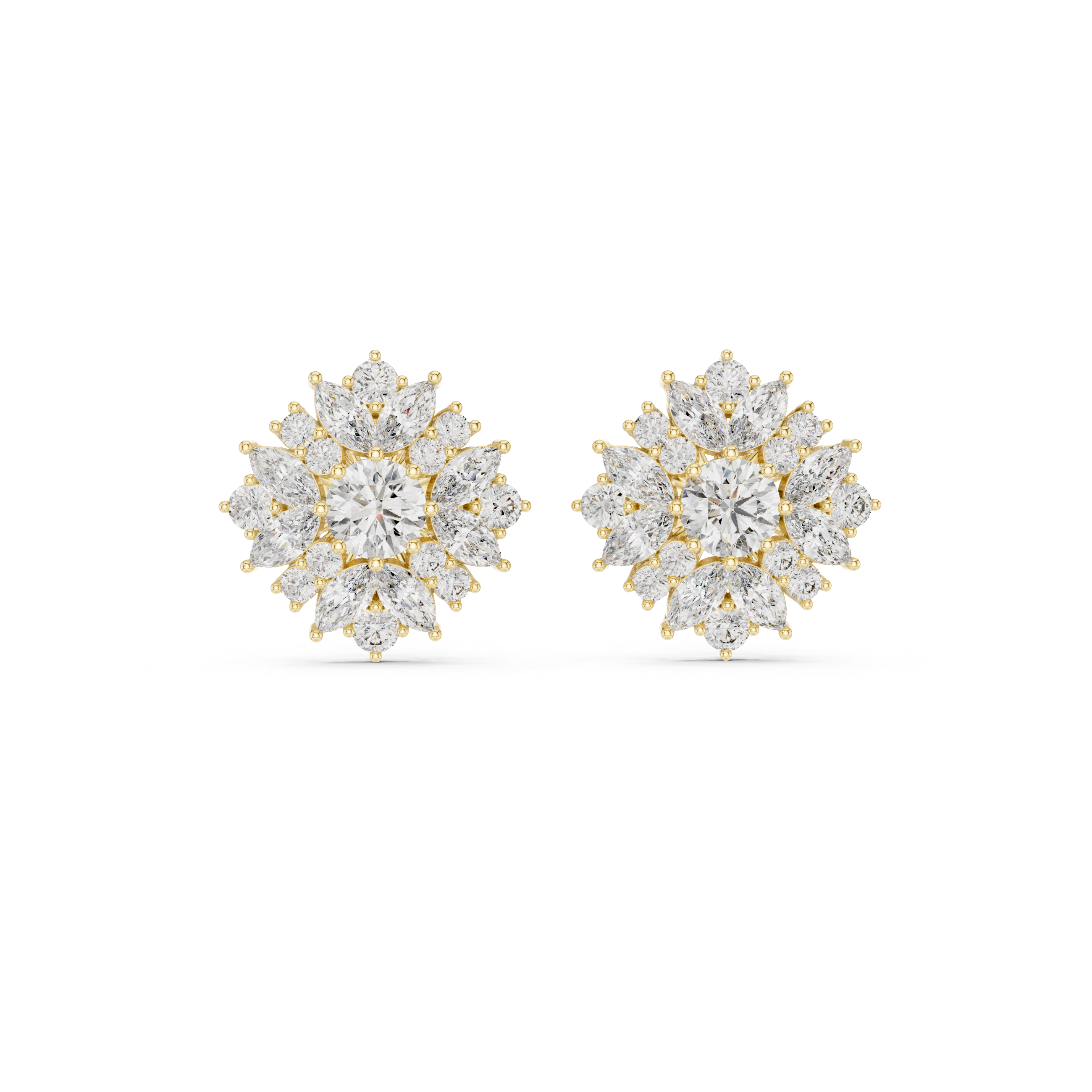 High shine round and marquise diamond floral cluster stud earrings