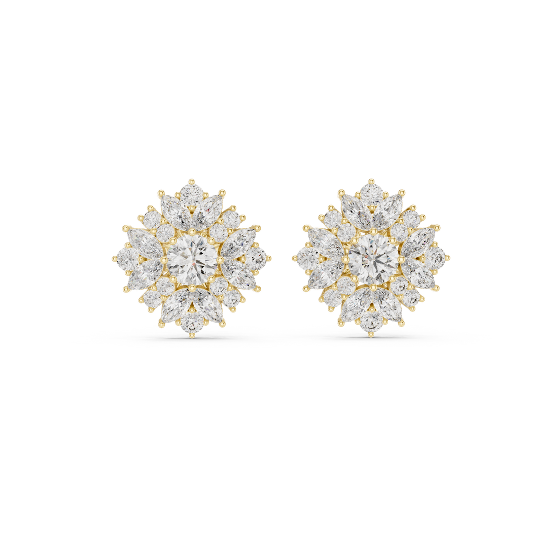 High shine round and marquise diamond floral cluster stud earrings
