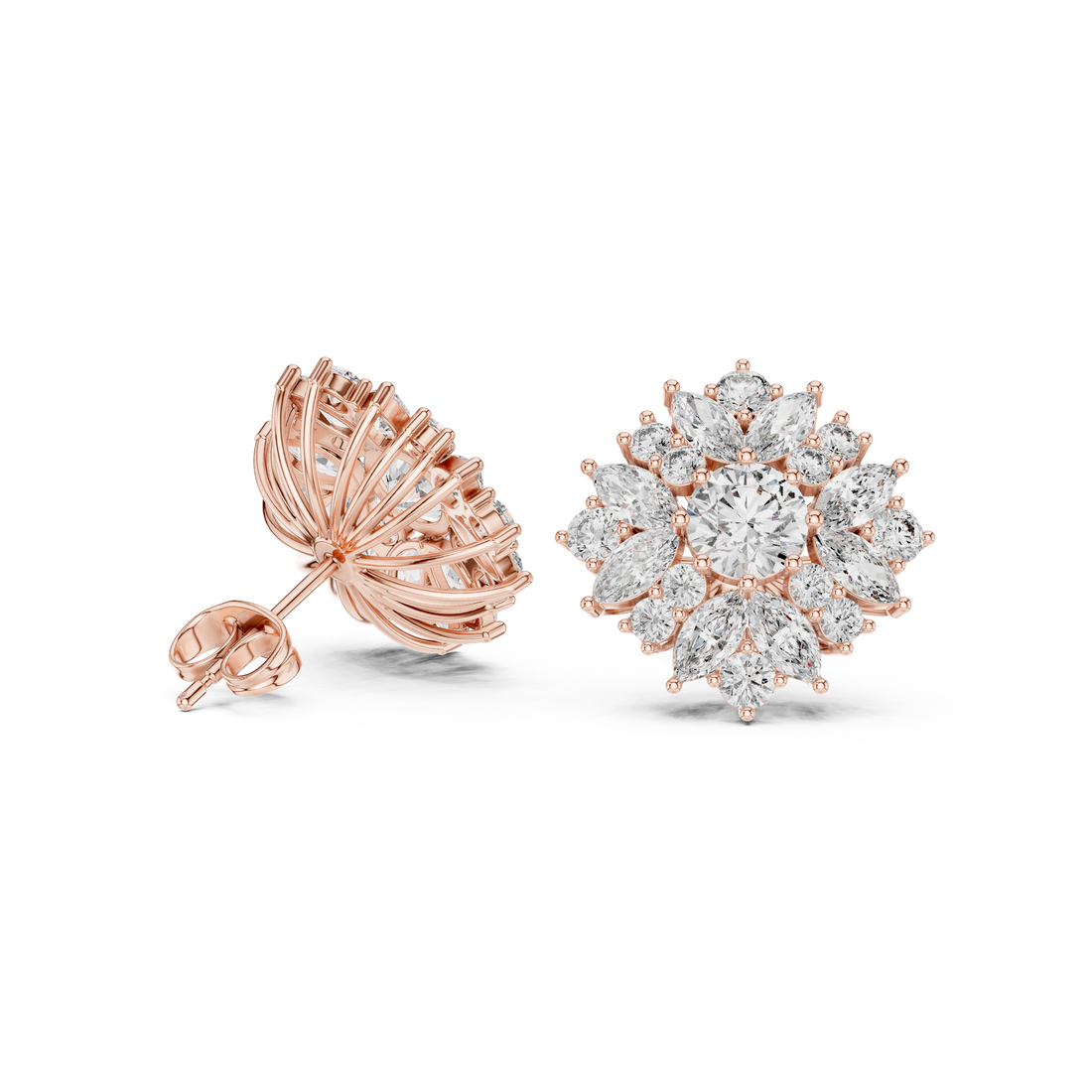 Timeless round and marquise diamond halo floral stud earrings