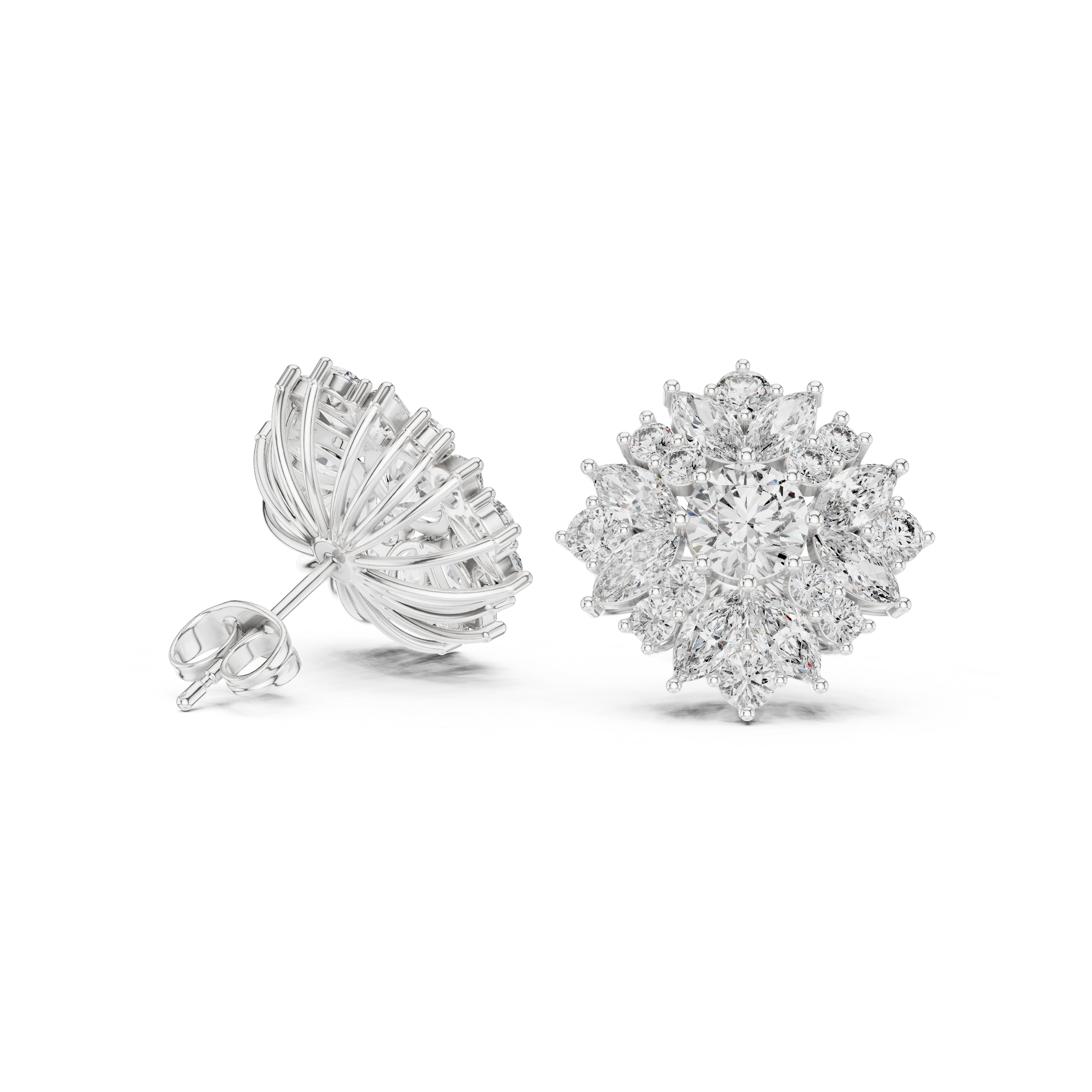 Close-up of round and marquise diamond floral cluster stud earrings