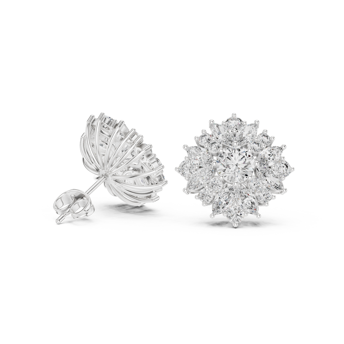 Close-up of round and marquise diamond floral cluster stud earrings