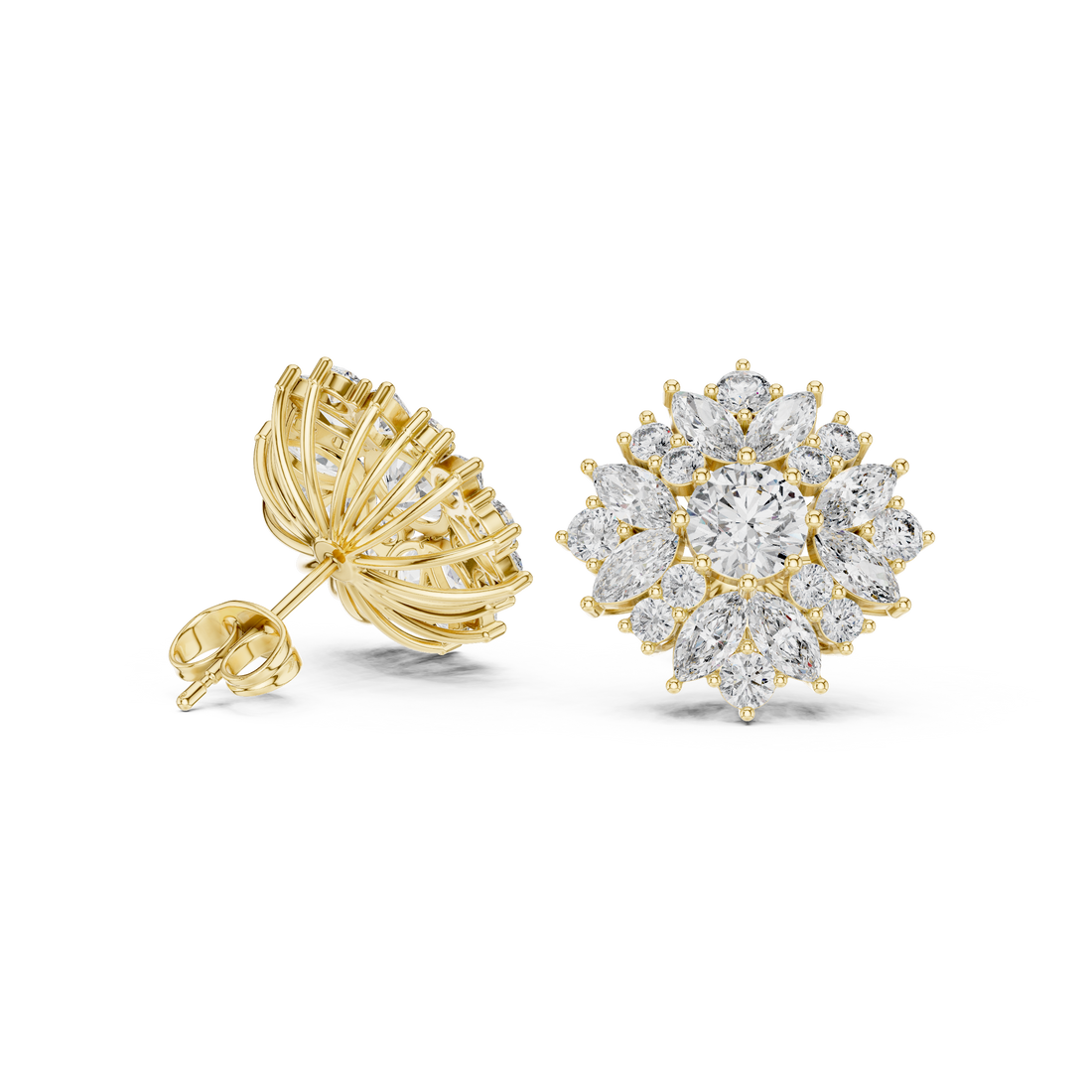 Premium round and marquise diamond halo floral cluster stud earrings