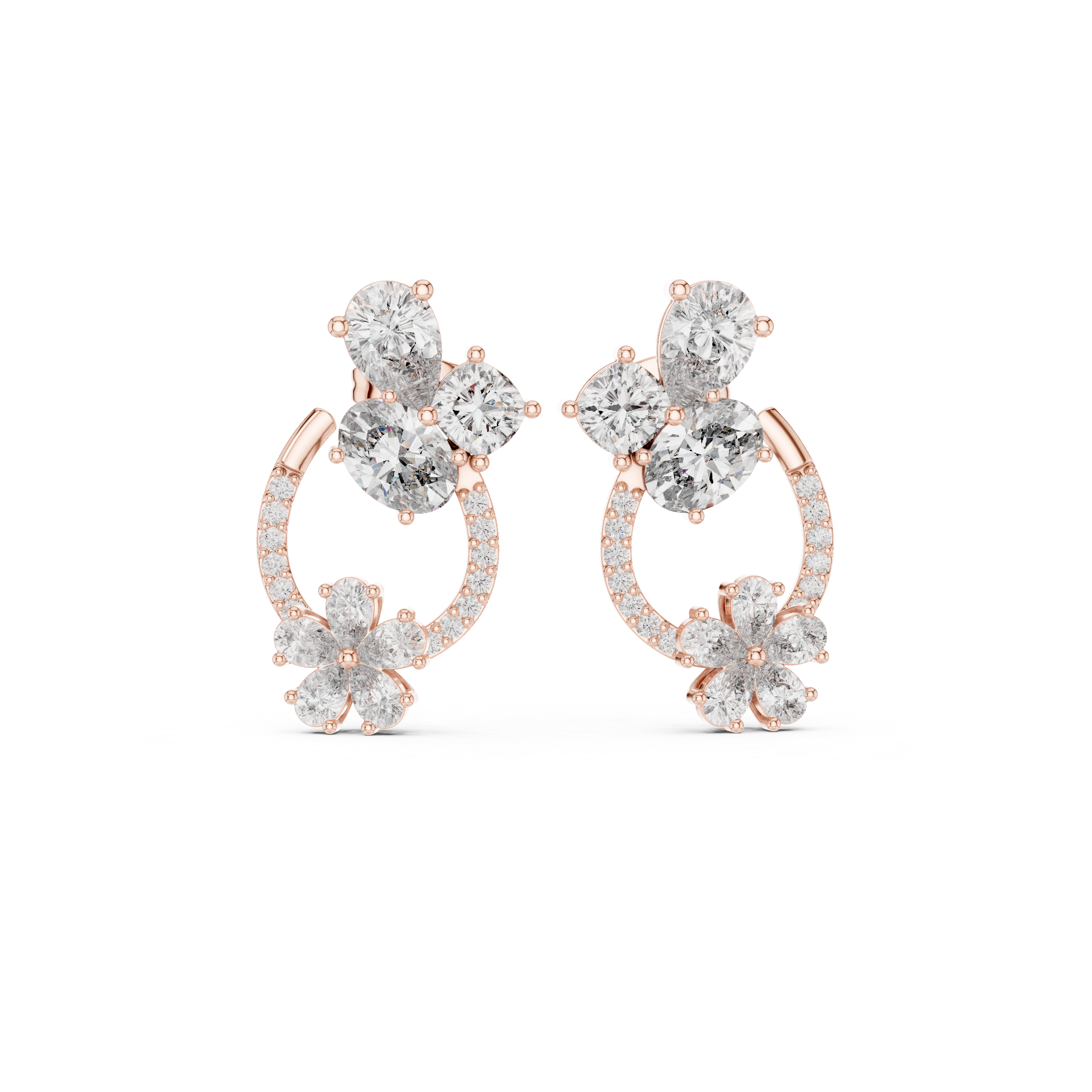 Multi shape diamond floral hoop drop earrings with pear cluster