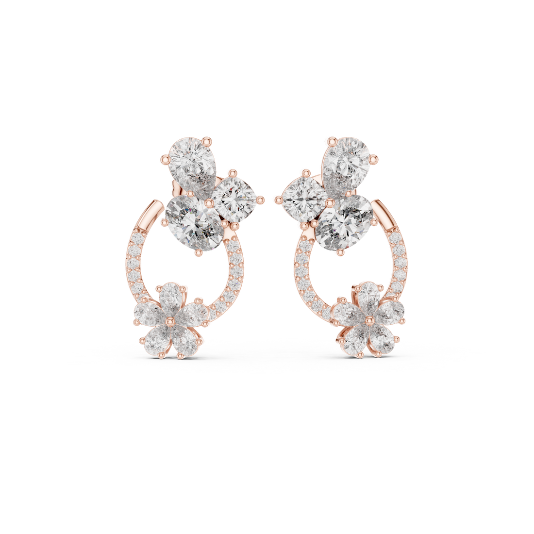 Multi shape diamond floral hoop drop earrings with pear cluster