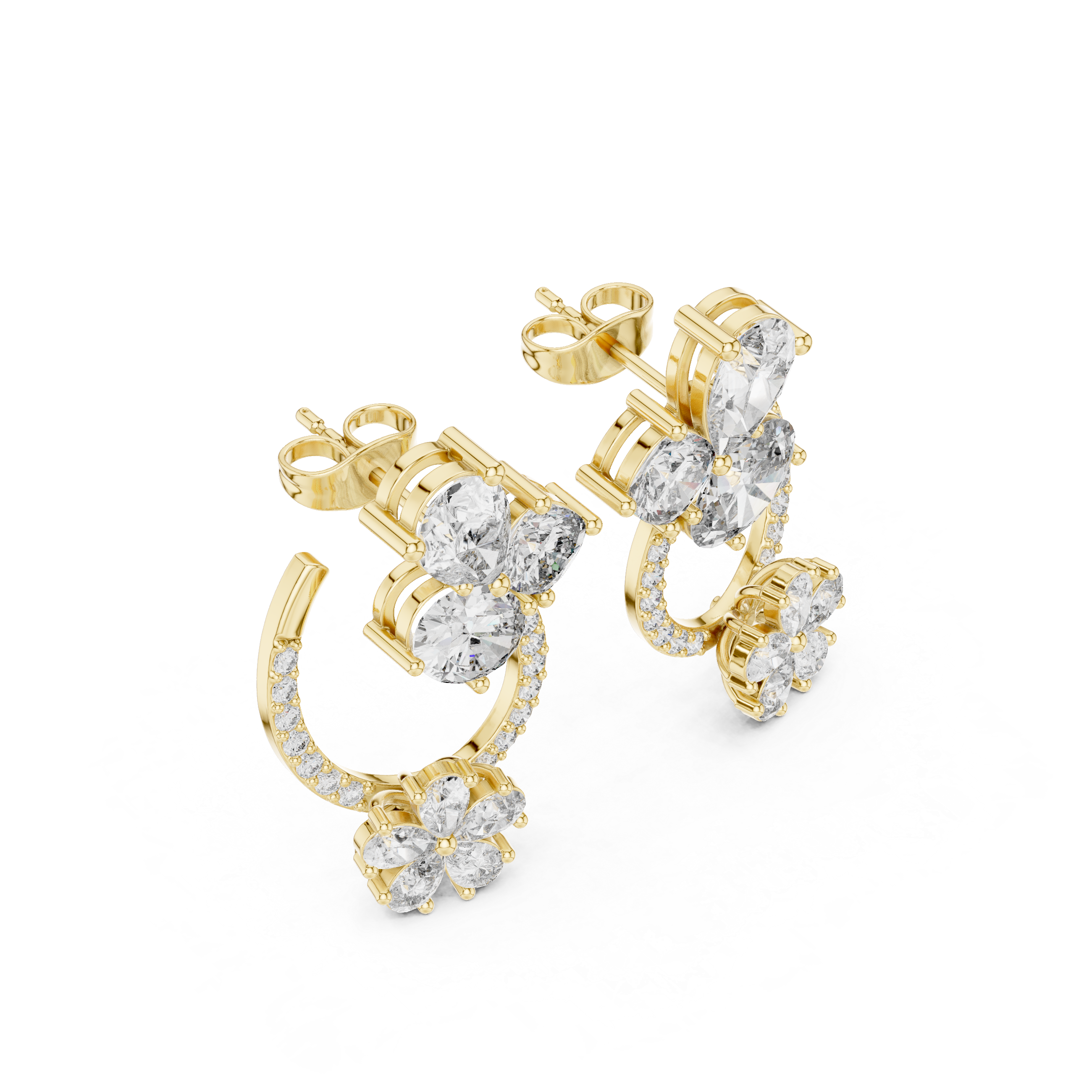 Brilliant multi shape diamond floral hoop earrings with pear cluster