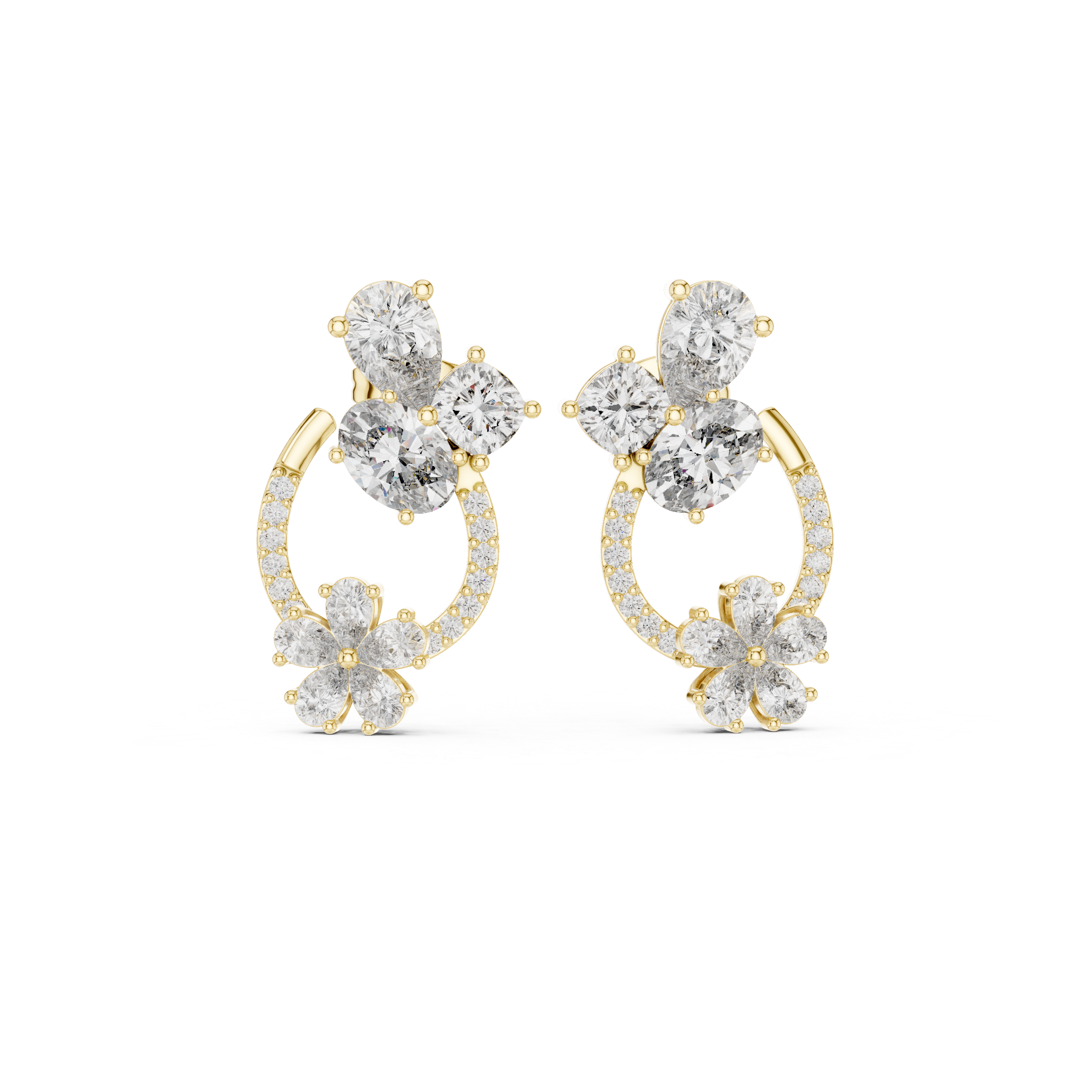 High shine multi shape diamond floral hoop drop earrings close-up