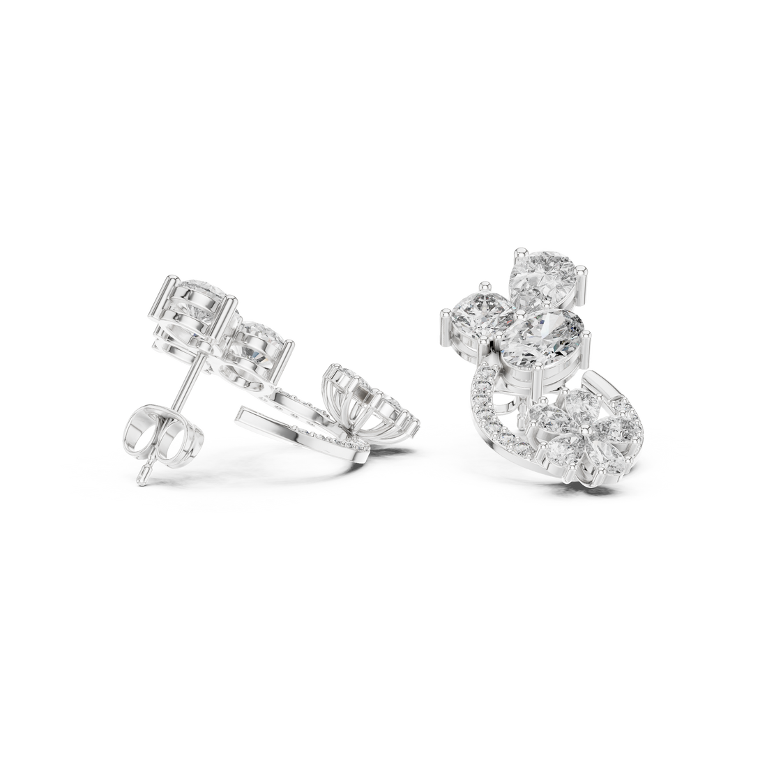 Close-up of multi shape diamond floral hoop earrings pear cluster detail