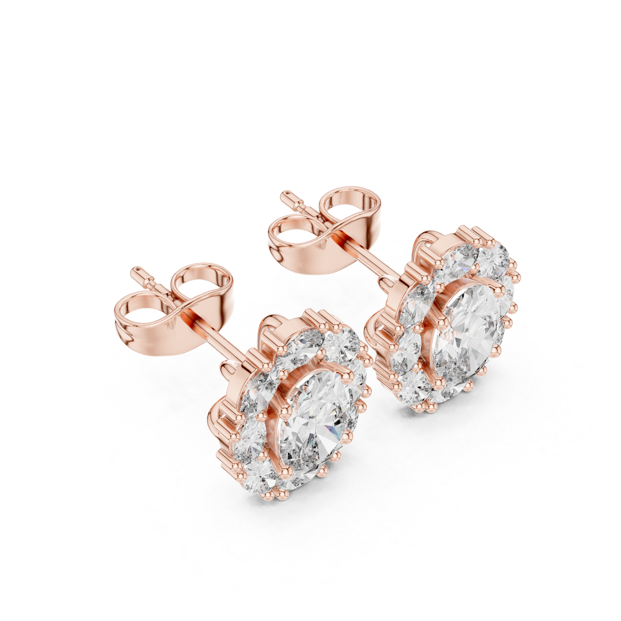 Elegant oval cut diamond halo cluster stud earrings close-up