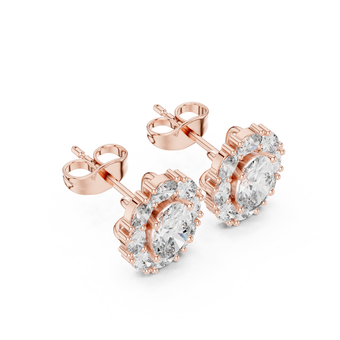 Elegant oval cut diamond halo cluster stud earrings close-up