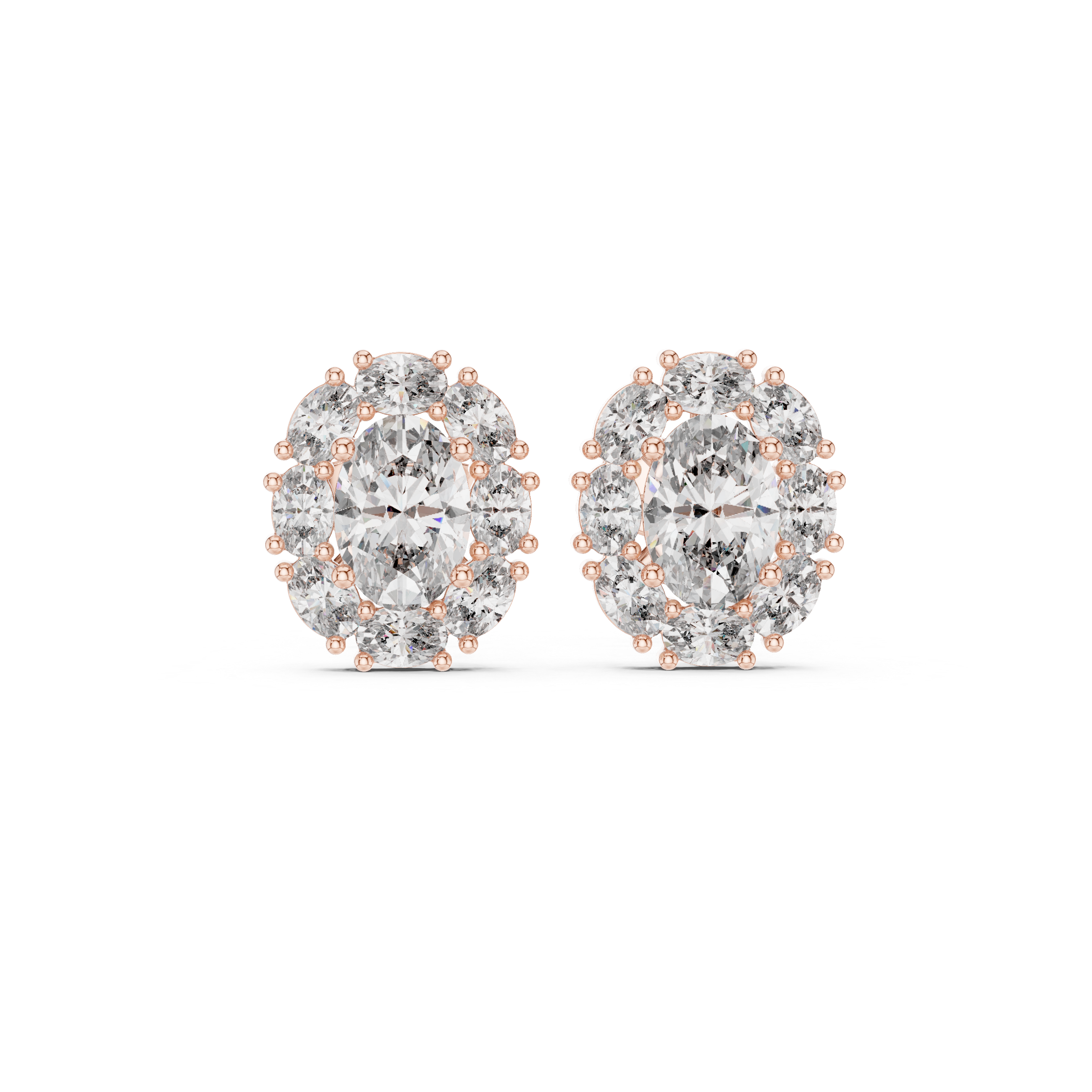 Oval cut diamond halo cluster stud earrings in white gold