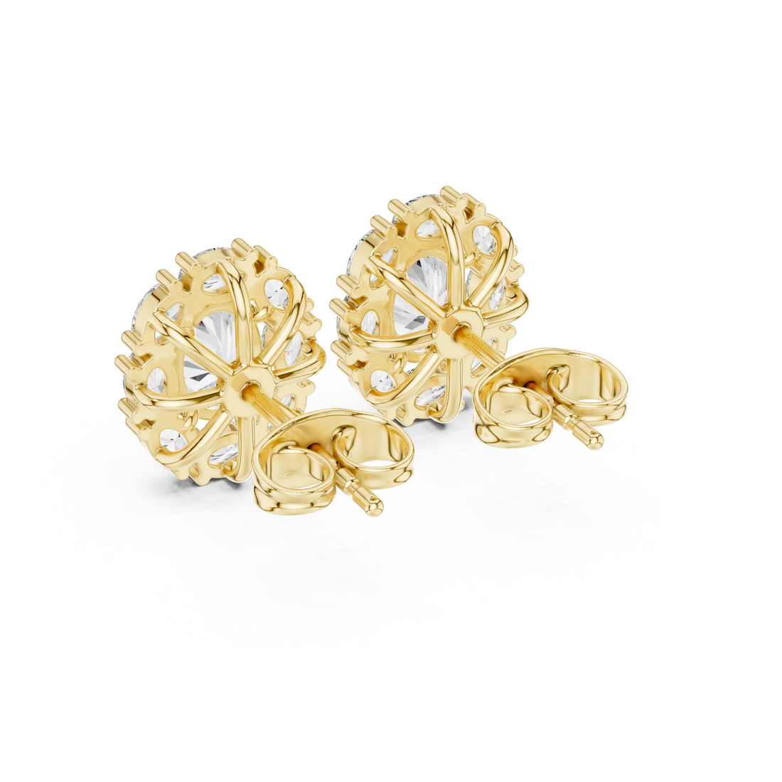 High shine oval cut diamond cluster stud earrings with halo