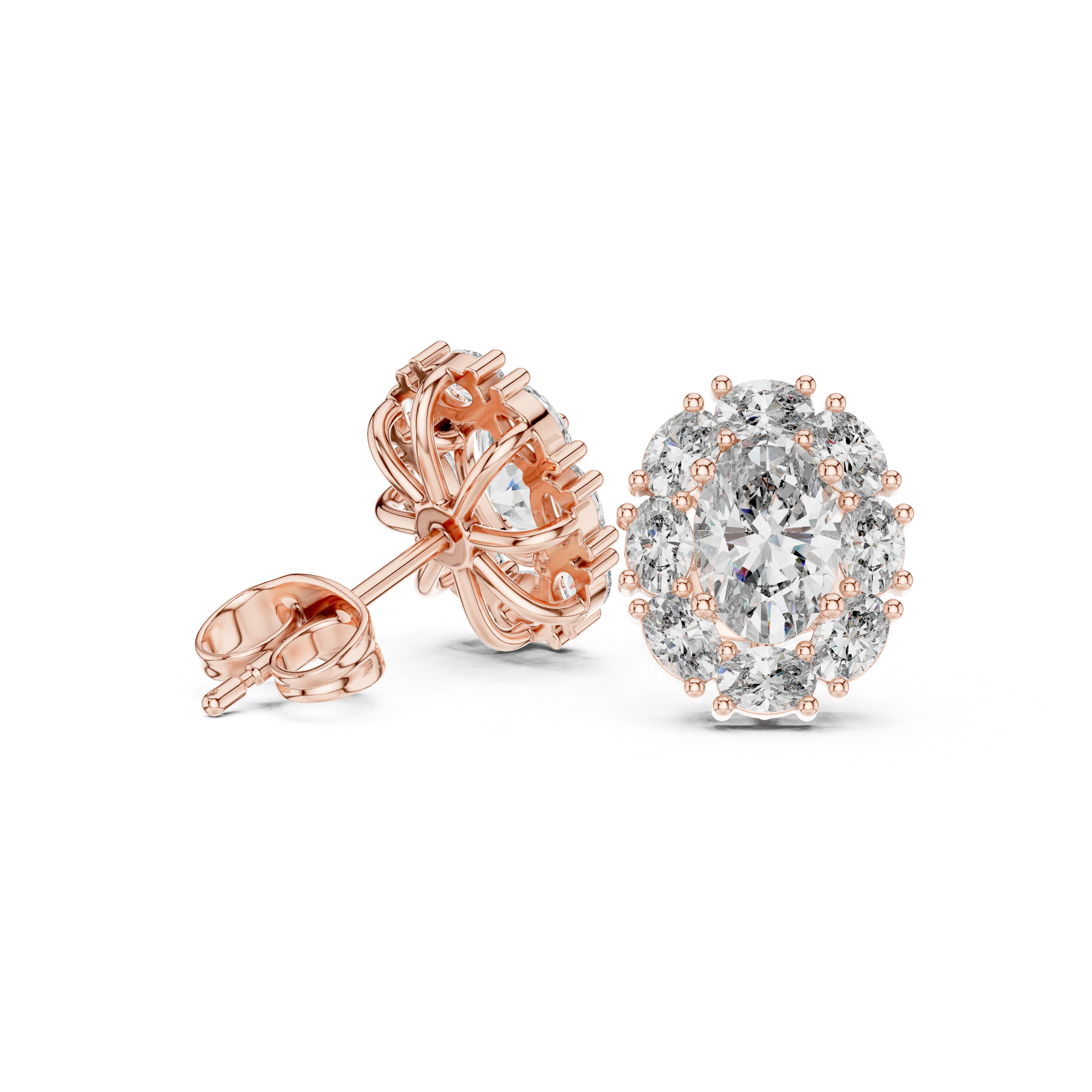 Close-up of oval cut diamond halo cluster stud earrings sparkle detail