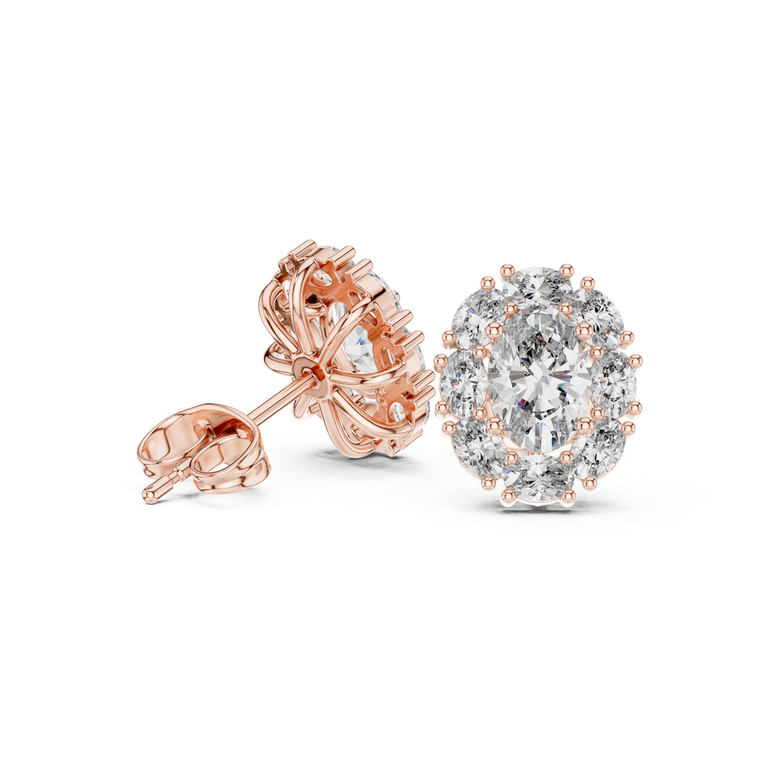 Close-up of oval cut diamond halo cluster stud earrings sparkle detail