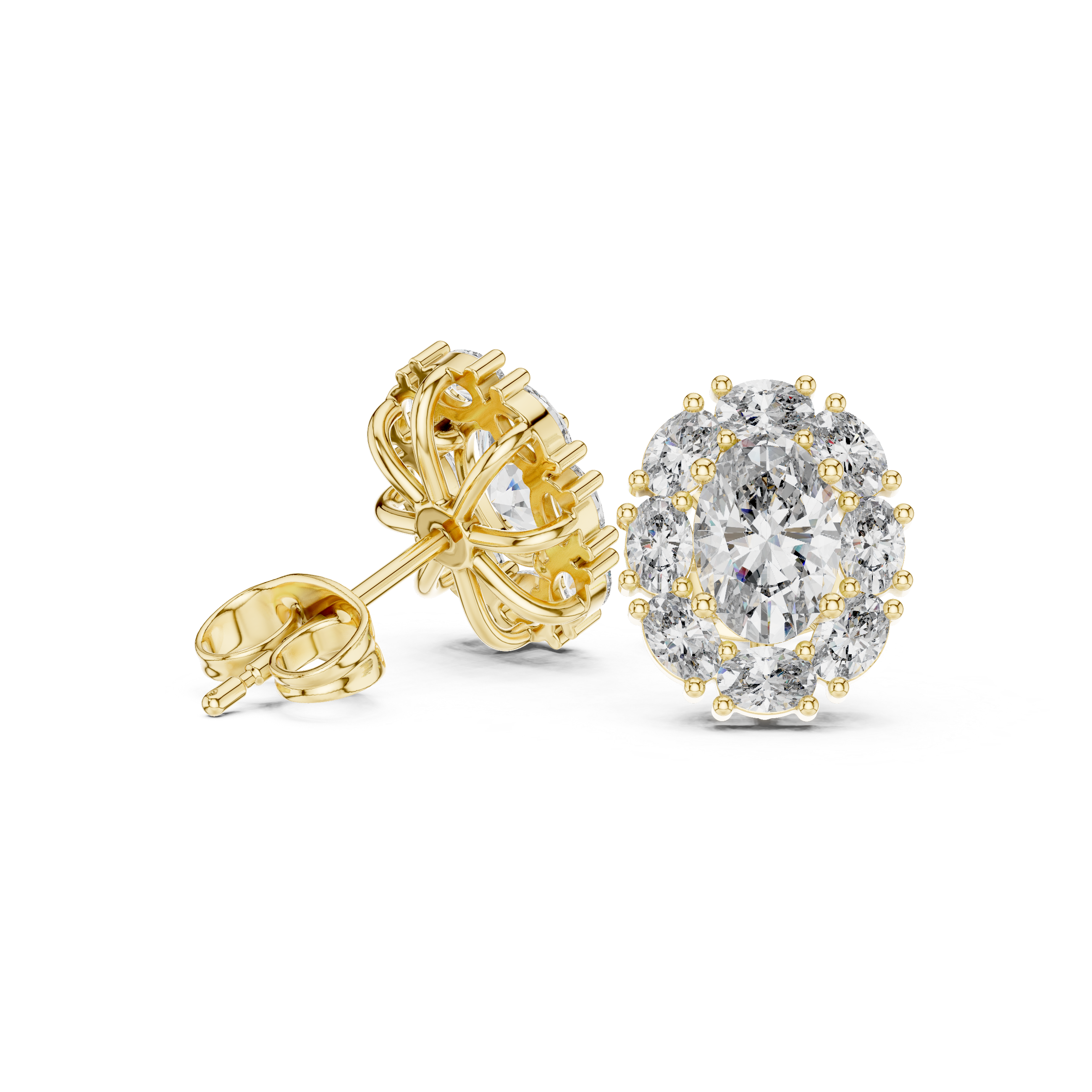 Fine jewelry oval cut diamond halo cluster stud earrings product shot