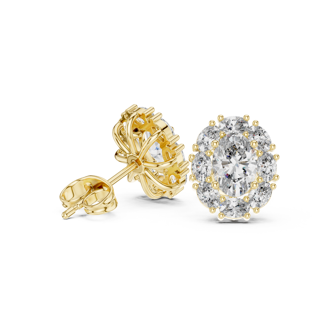 Fine jewelry oval cut diamond halo cluster stud earrings product shot