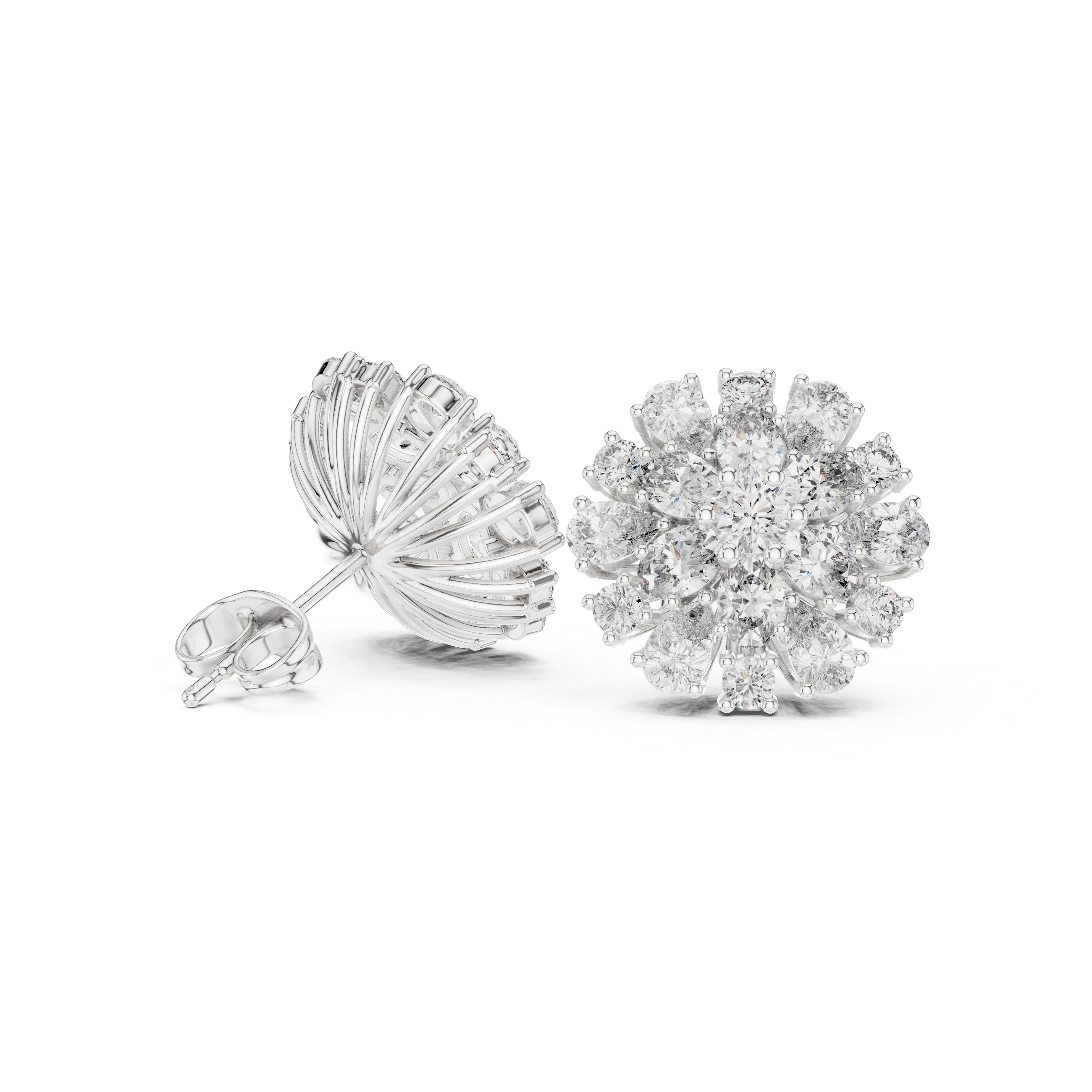 Elegant floral stud earrings crafted with petal-shaped diamond accents.