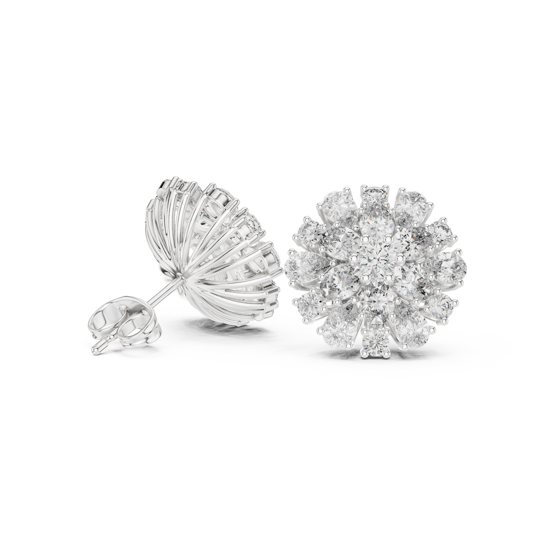 Elegant floral stud earrings crafted with petal-shaped diamond accents.