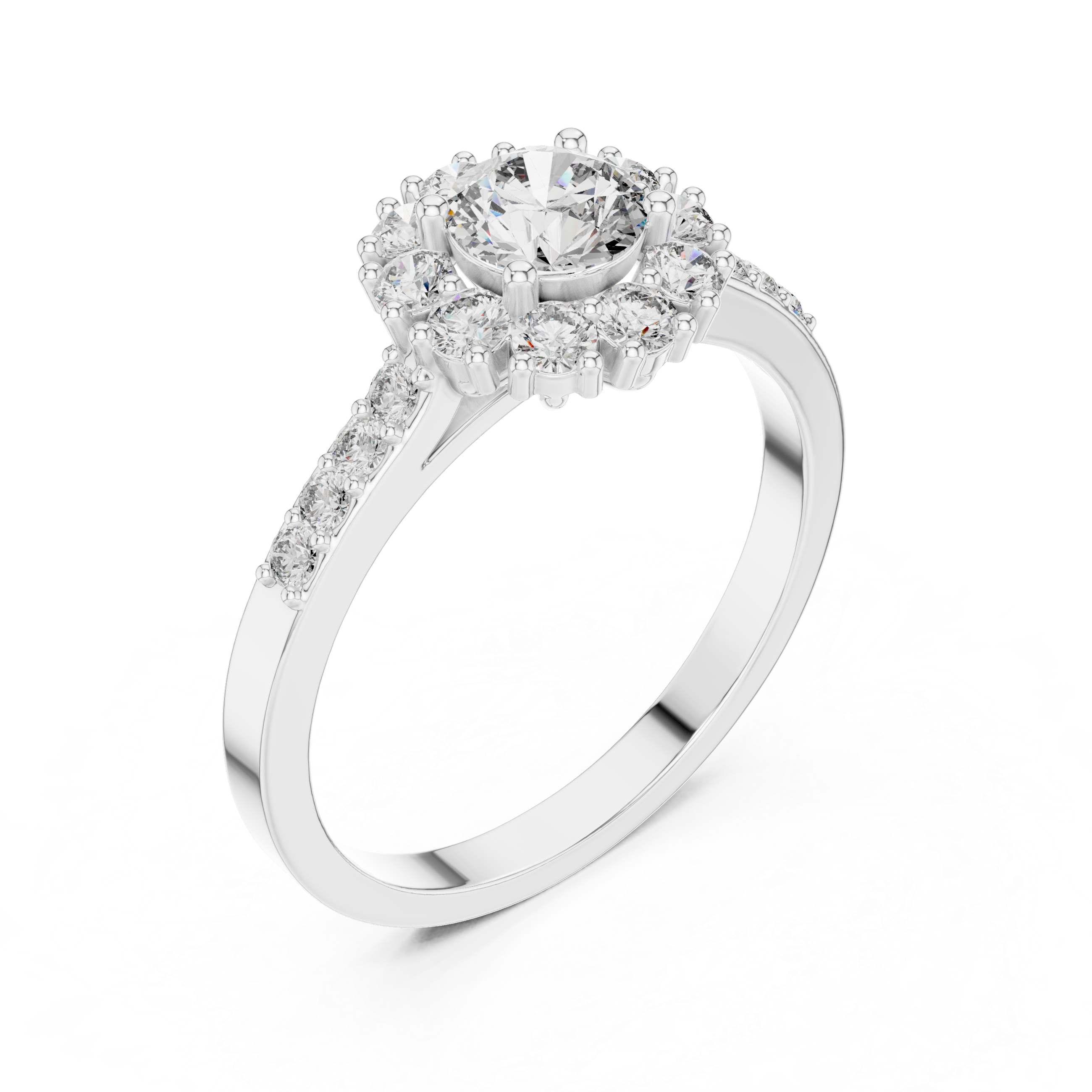 Halo gemstone ring with sparkling border.